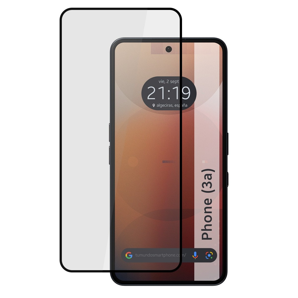 Telefono con protezione schermo, che mostra data, ora e icone delle app. Il telefono dice Phone (3a).