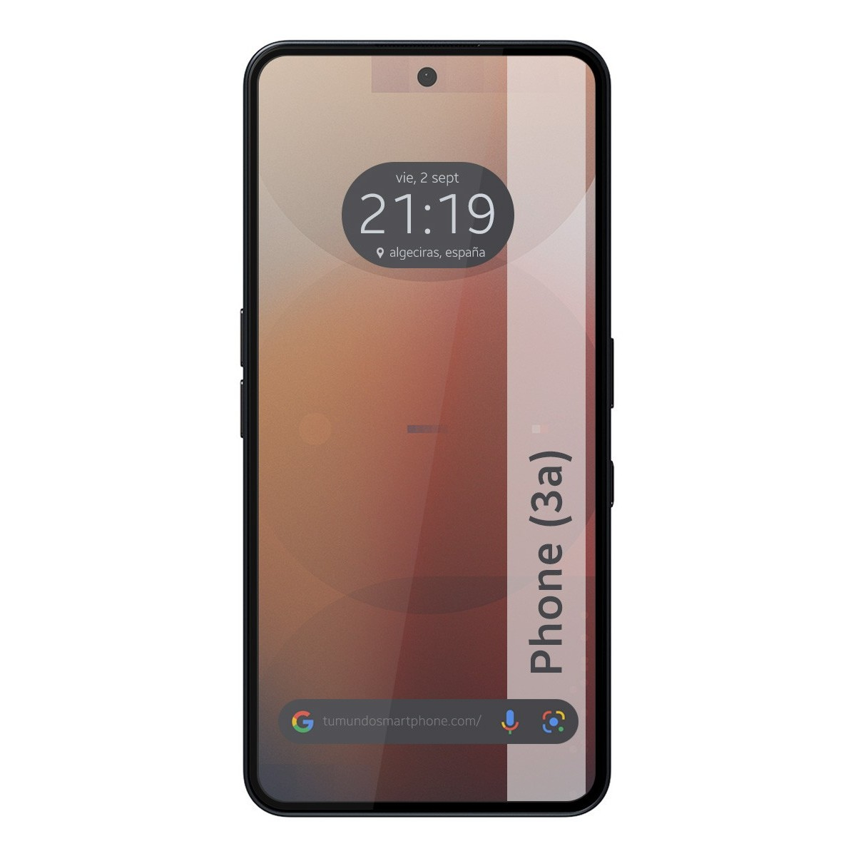 Schermo del telefono che mostra data, ora e icone delle app. Il telefono ha una sfumatura e dice Phone (3a).