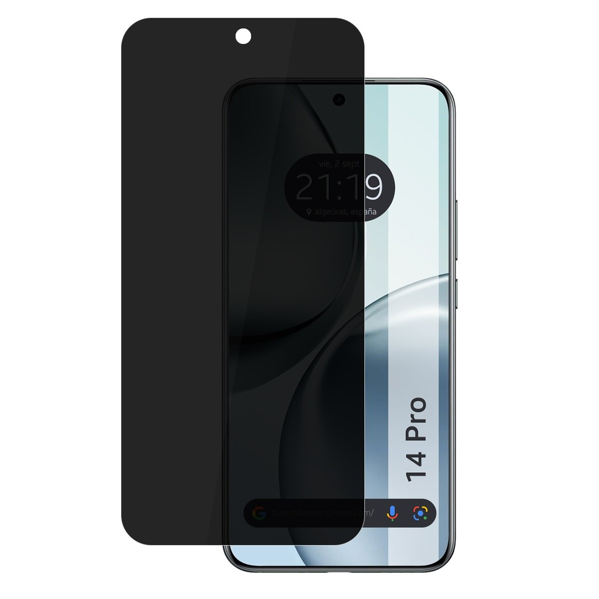 Schermo del telefono coperto da una protezione schermo nera. Il telefono dice 14 Pro.