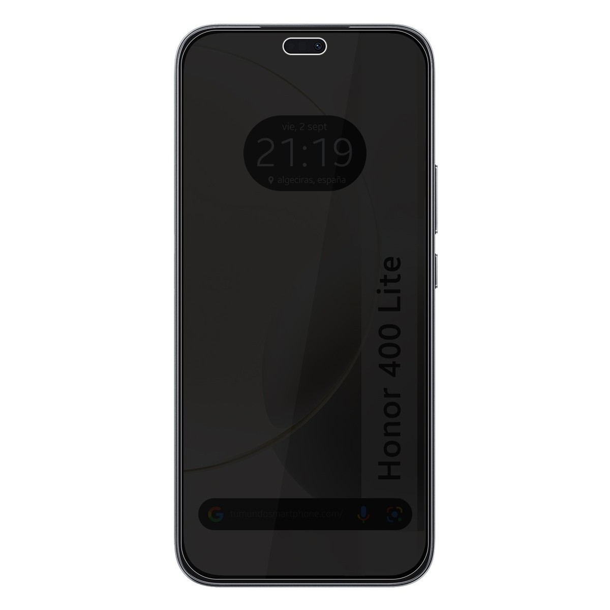 Schermo del telefono coperto da una protezione schermo nera. Il telefono dice Honor 400 Lite.
