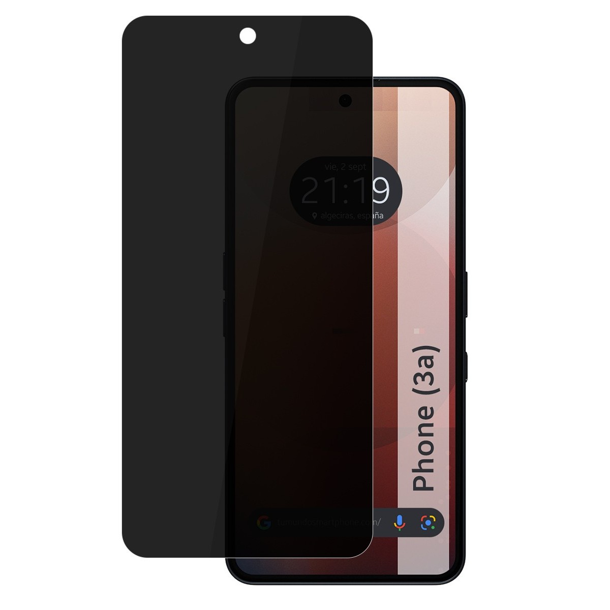 Schermo del telefono coperto da una protezione schermo nera. Il telefono dice Phone (3a).