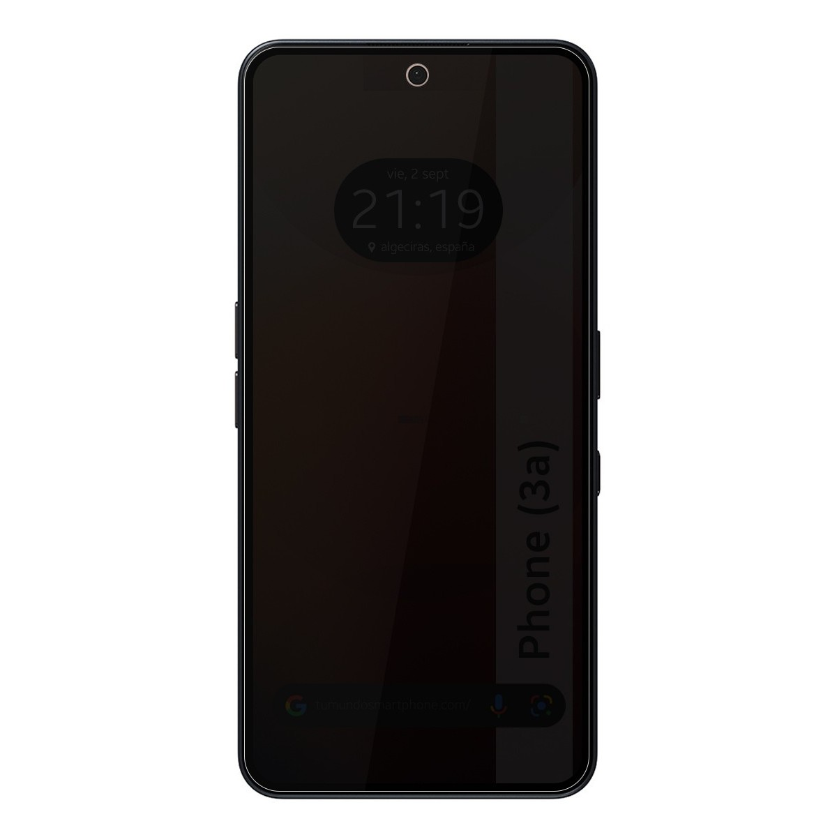 Smartphone nero che mostra l'ora e la posizione, con le parole 'Phone (3a)' sul lato.