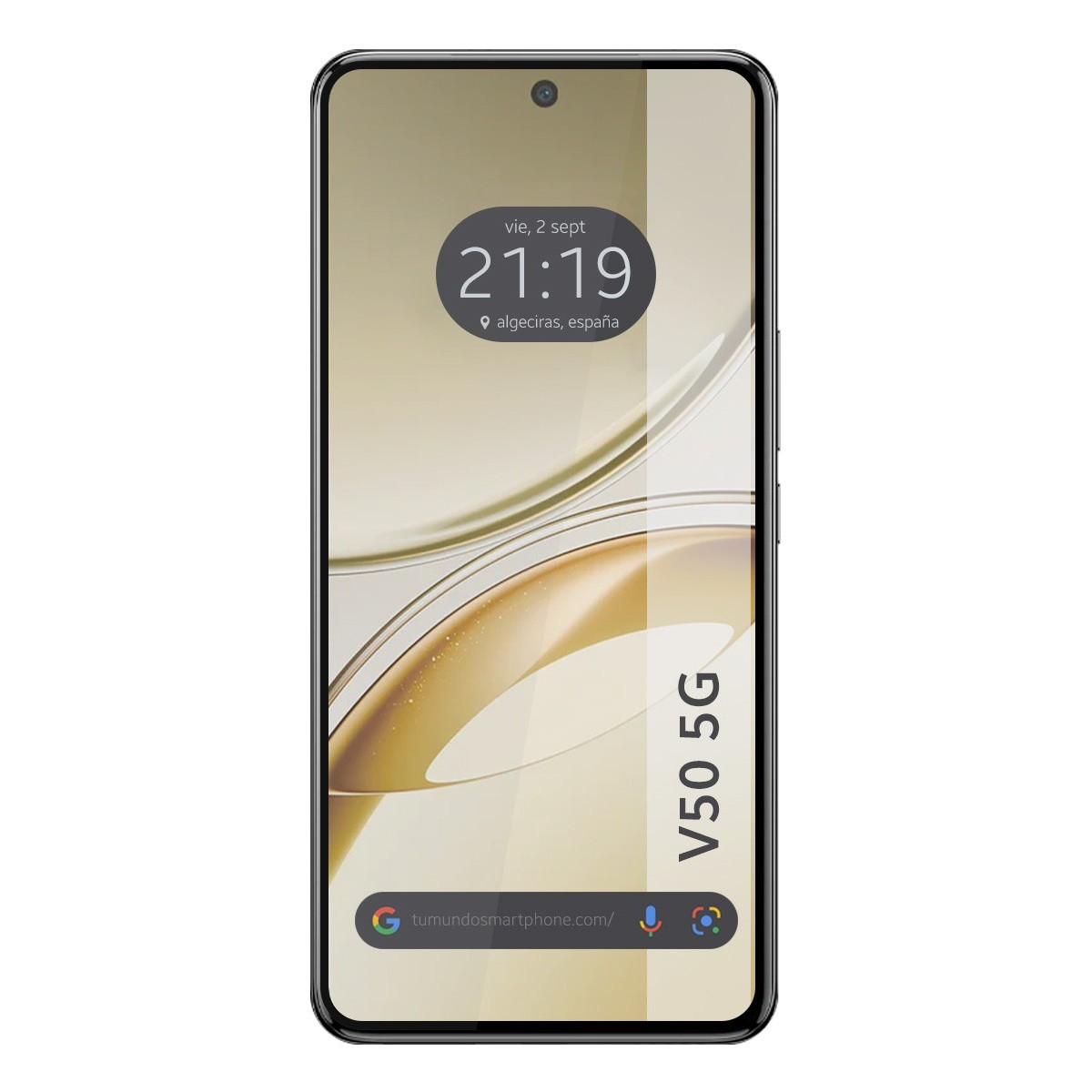 Smartphone che mostra l'ora e la posizione, con le parole 'V50 5G' sul lato.