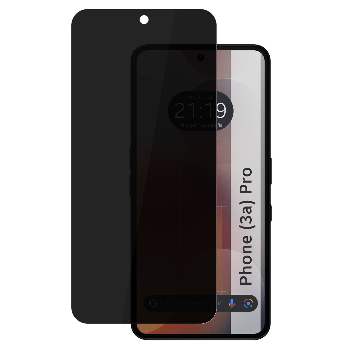 Schermo del telefono coperto da una protezione schermo nera. Il telefono dice Phone (3a) Pro.