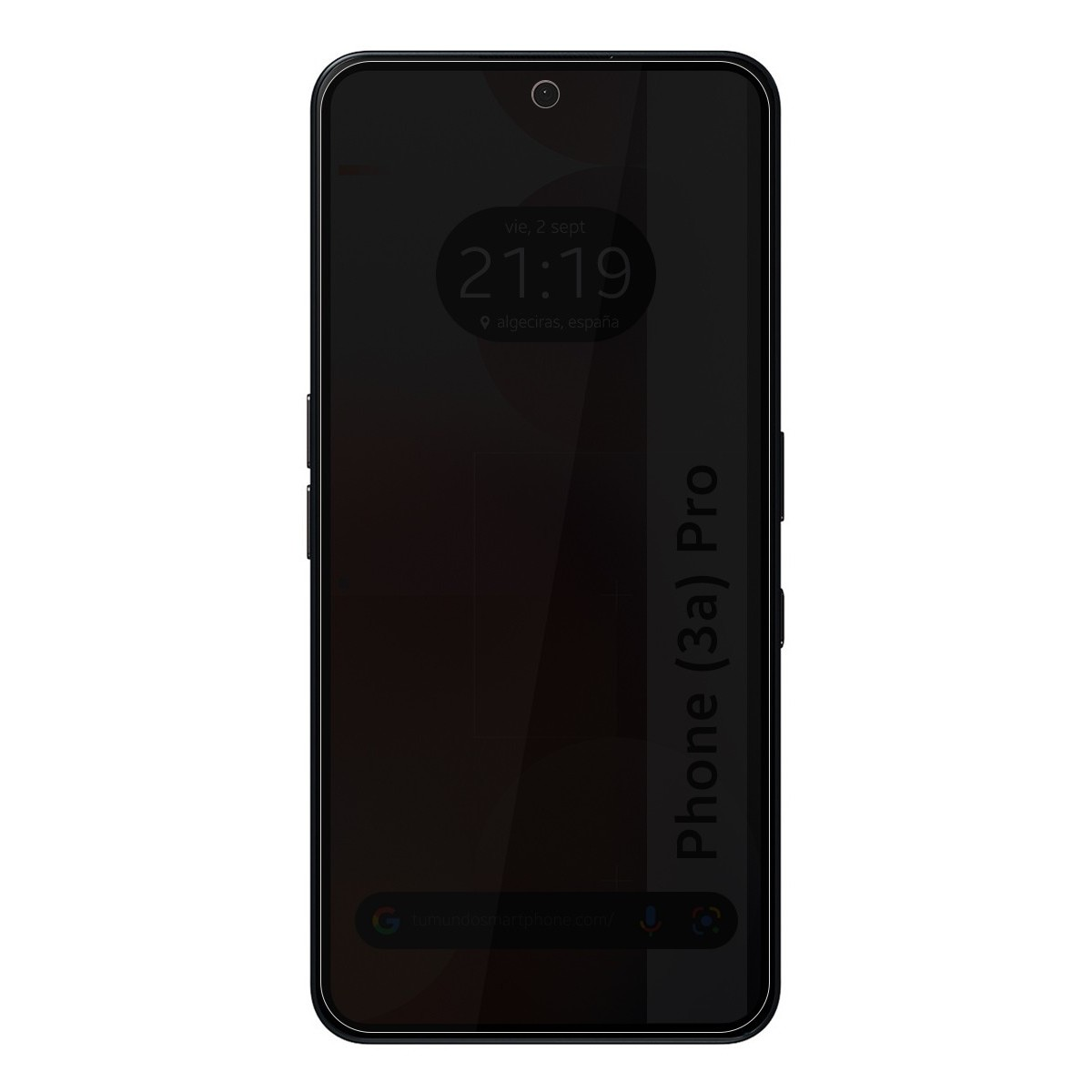 Schermo del telefono coperto da una protezione schermo nera. Il telefono dice Phone (3a) Pro.