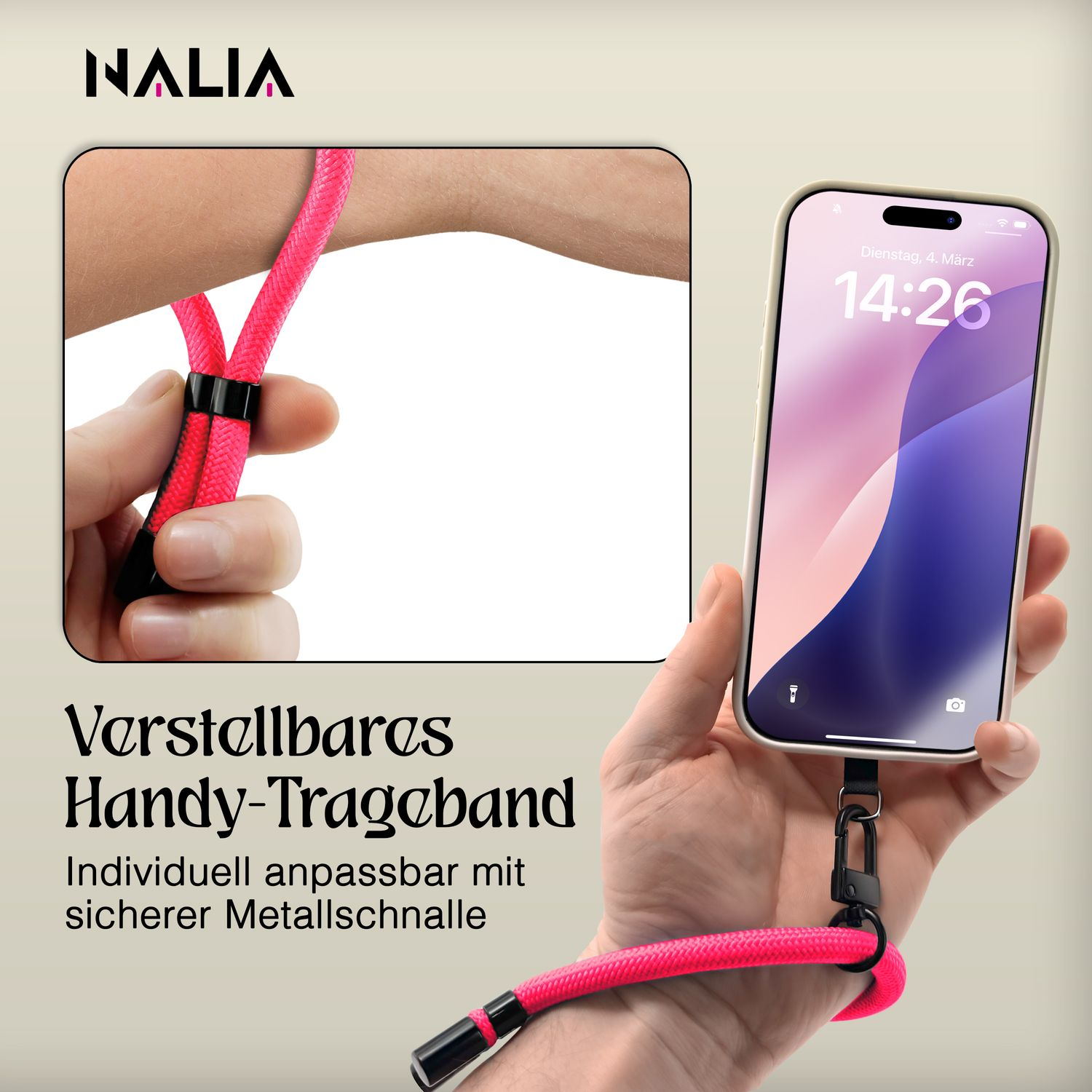 Die Hand einer Person hält ein Telefon mit angebrachter rosa Handschlaufe. Das Telefon zeigt die Uhrzeit.