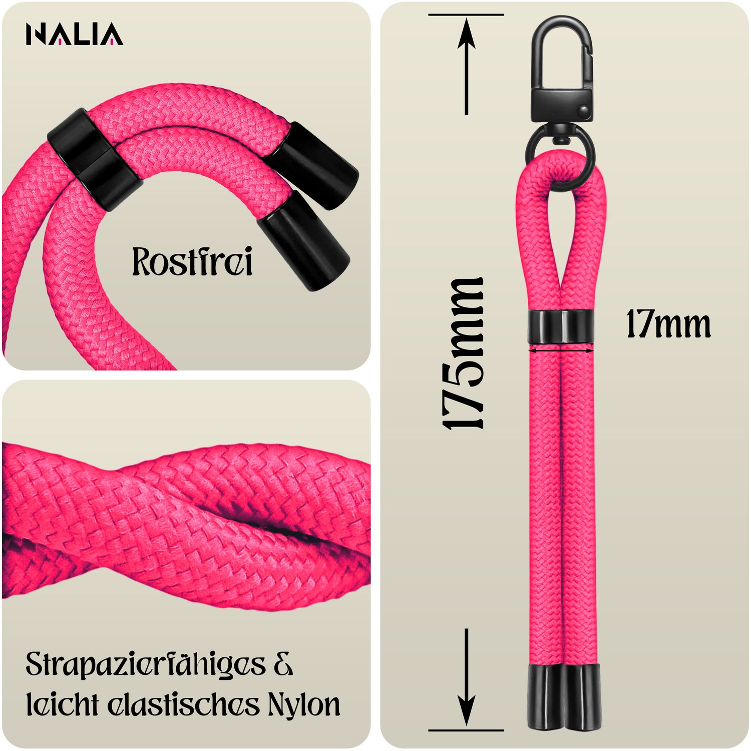 Nahaufnahme einer Handgelenksschlaufe mit rosa Kordel und schwarzen Enden, einschließlich Abmessungen.
