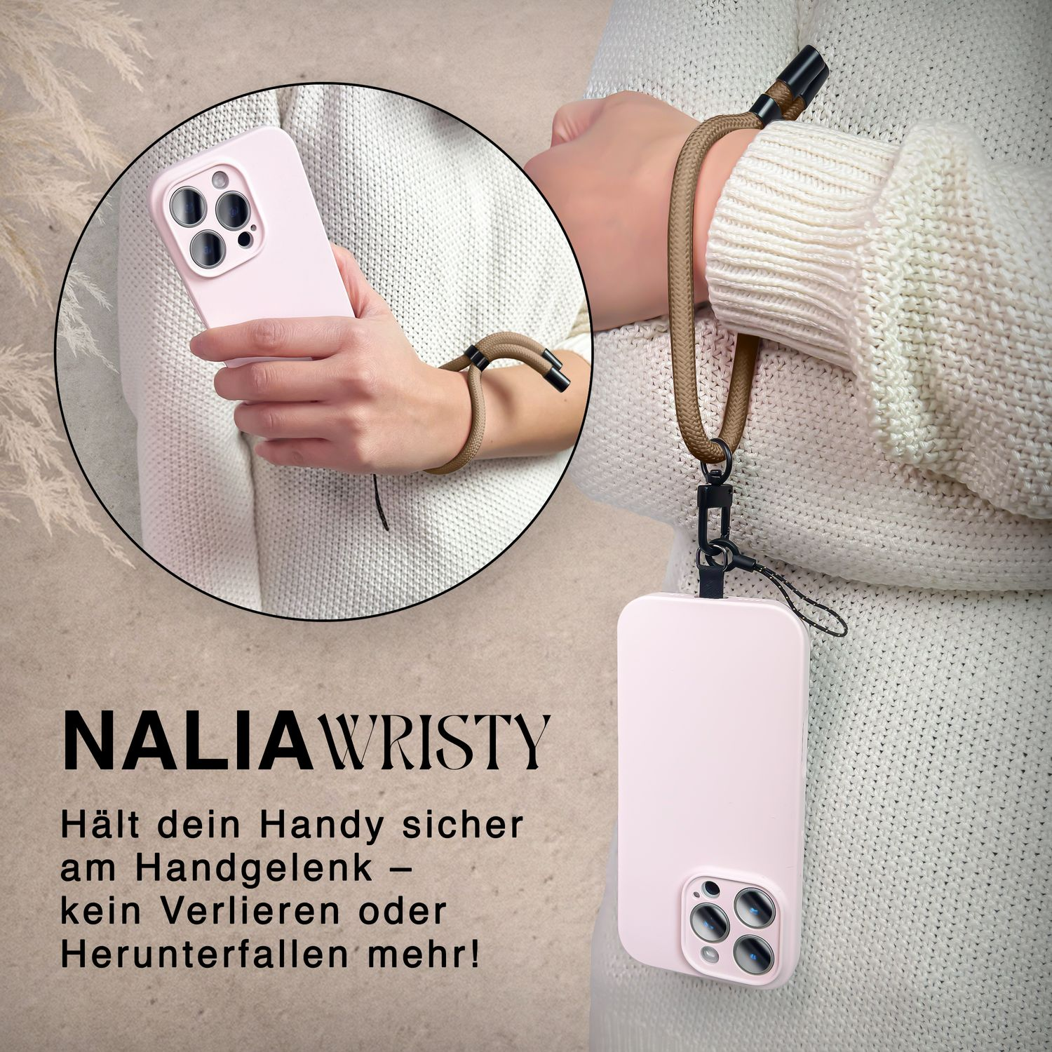 Eine Person trägt eine Handgelenksschlaufe für Telefone. Ein rosa Telefon ist an der Schlaufe befestigt.