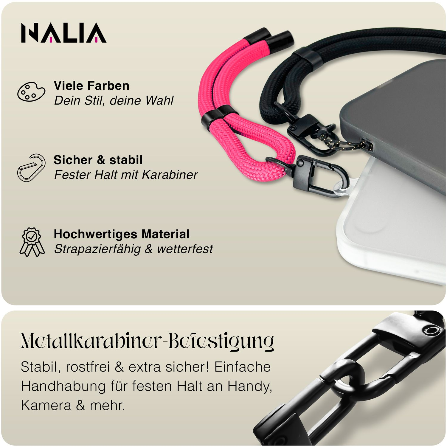 Nahaufnahme einer Handyhülle mit pinkfarbenem und schwarzem Umhängeband, Text über Farbe und Stabilität.