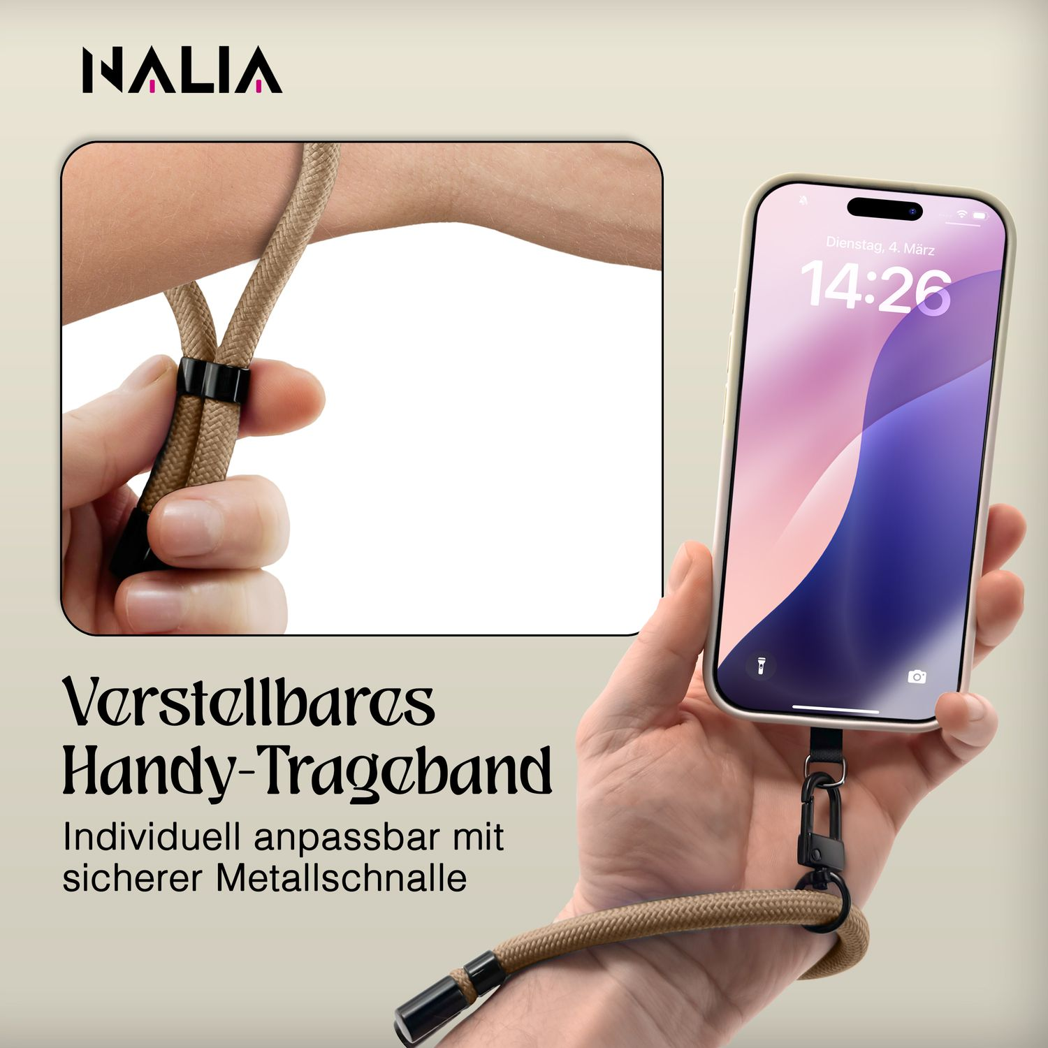 Hand hält Telefon mit beigem Riemen. Text: Verstellbarer Handy-Trageband.