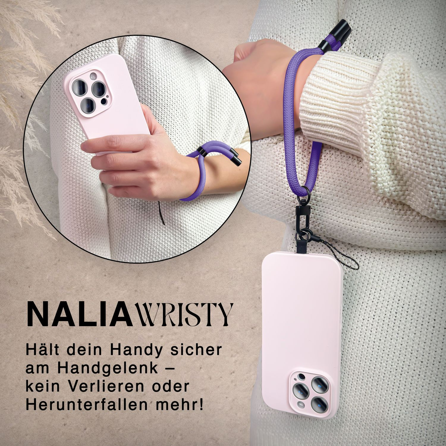 Eine Person trägt eine Handgelenksschlaufe; ein rosa Telefon ist an der Schlaufe befestigt.