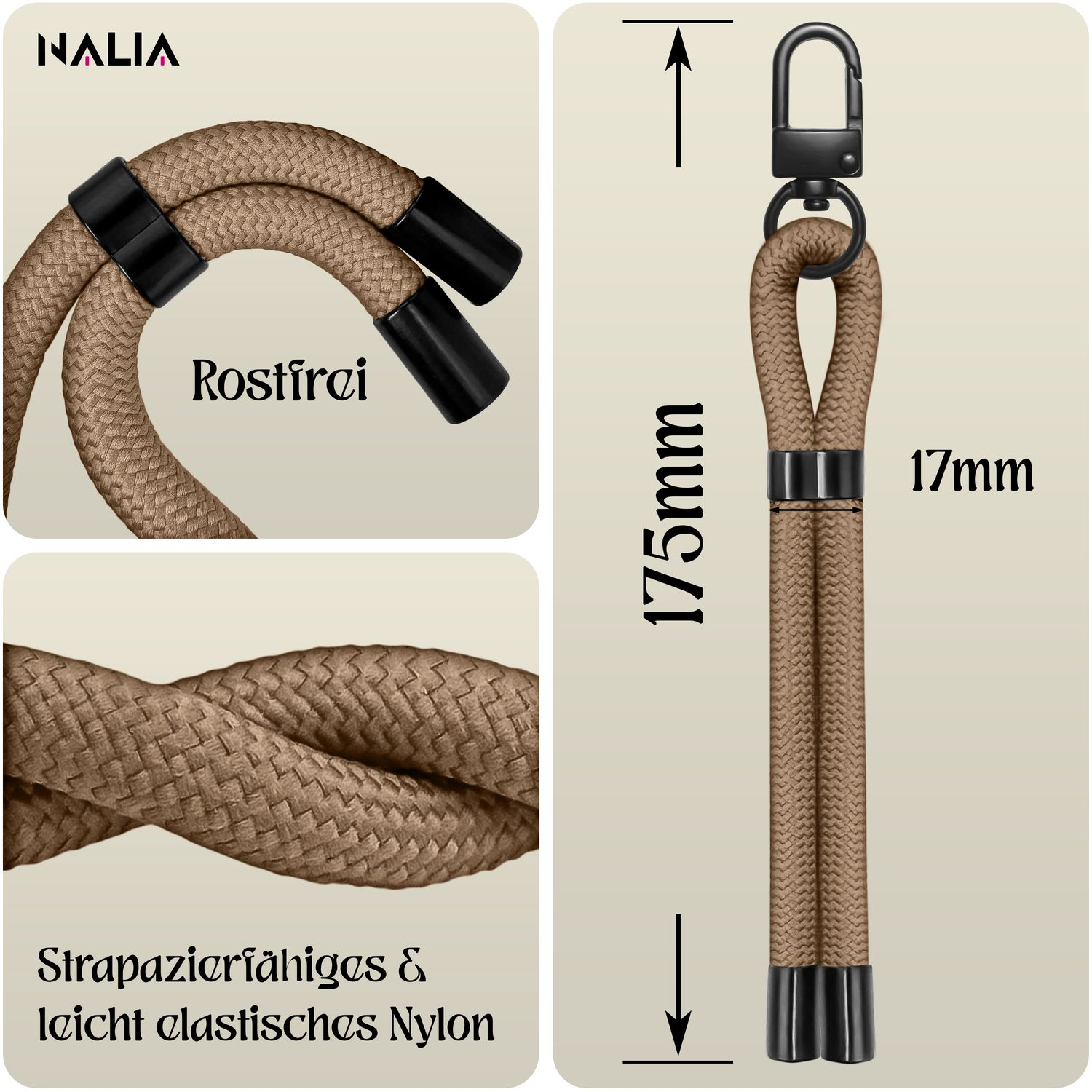 Nahaufnahme eines beigen Telefonbandes mit schwarzen Metalldetails. Text: Strapazierfähiges & leicht elastisches Nylon.