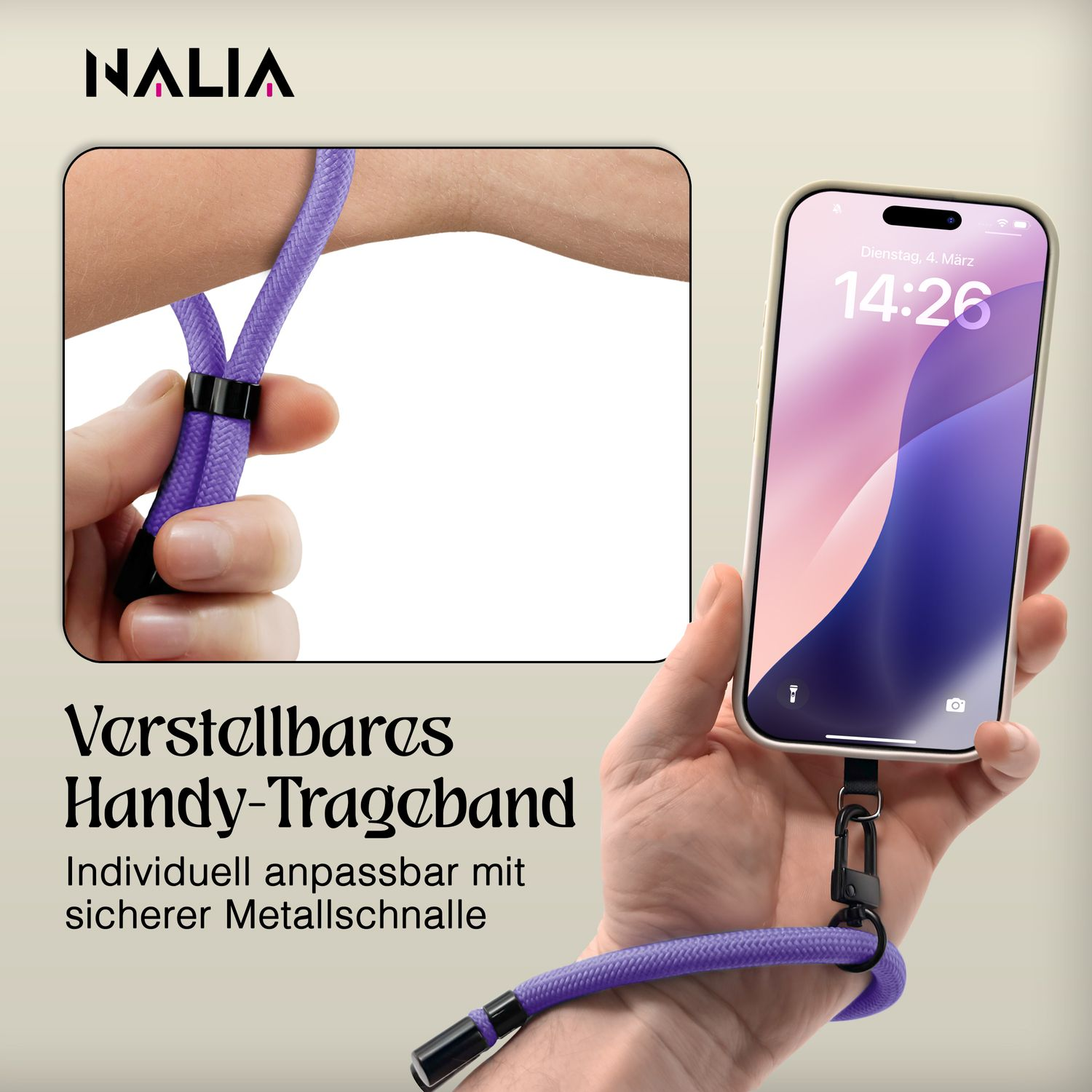 Eine Hand, die eine lila Handykordel hält, neben einem Telefon, das einen App-Bildschirm zeigt. Cremefarbener Hintergrund.