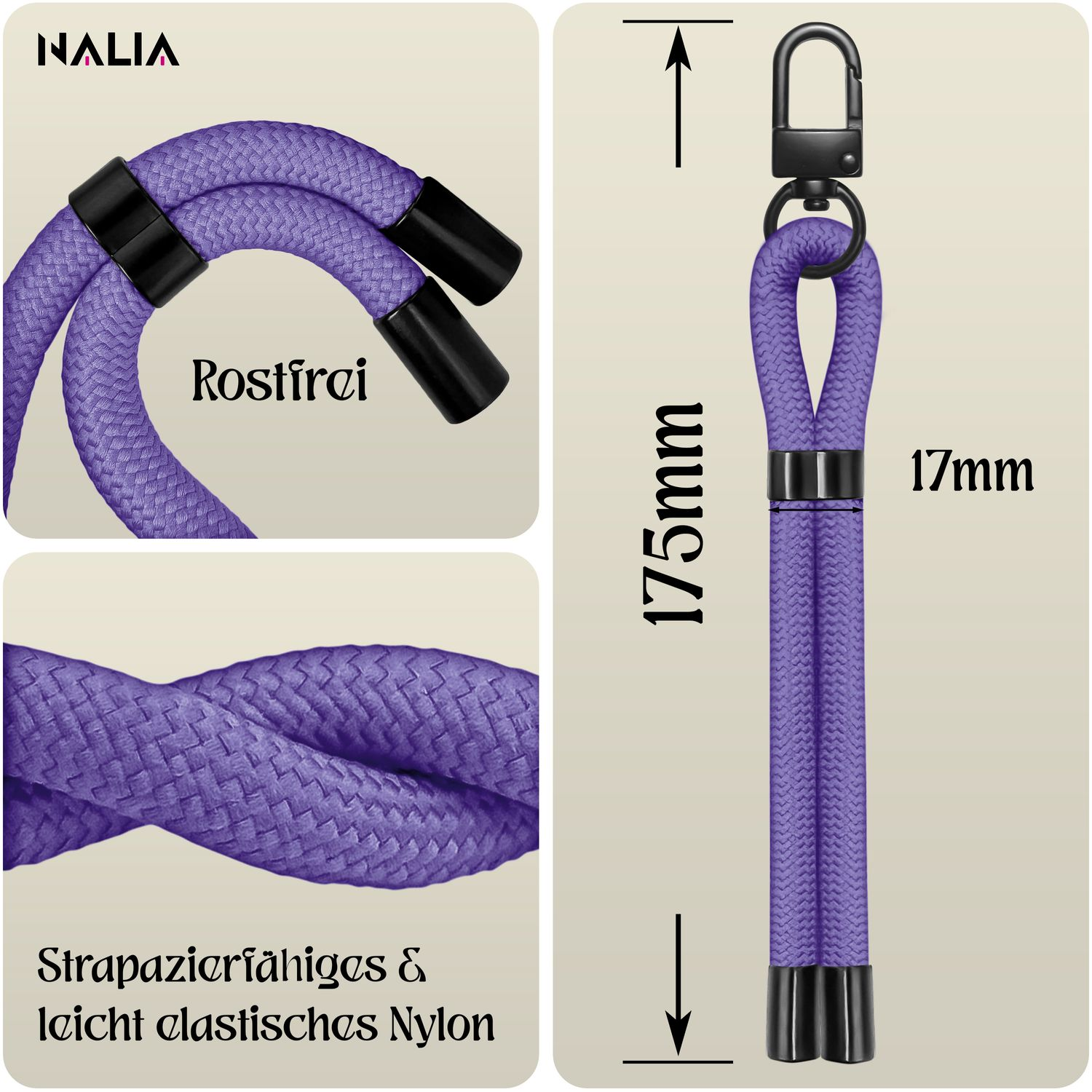Nahaufnahme eines lilafarbenen Telefonbandes mit schwarzen Metalldetails. Text: Strapazierfähiges & leicht elastisches Nylon.