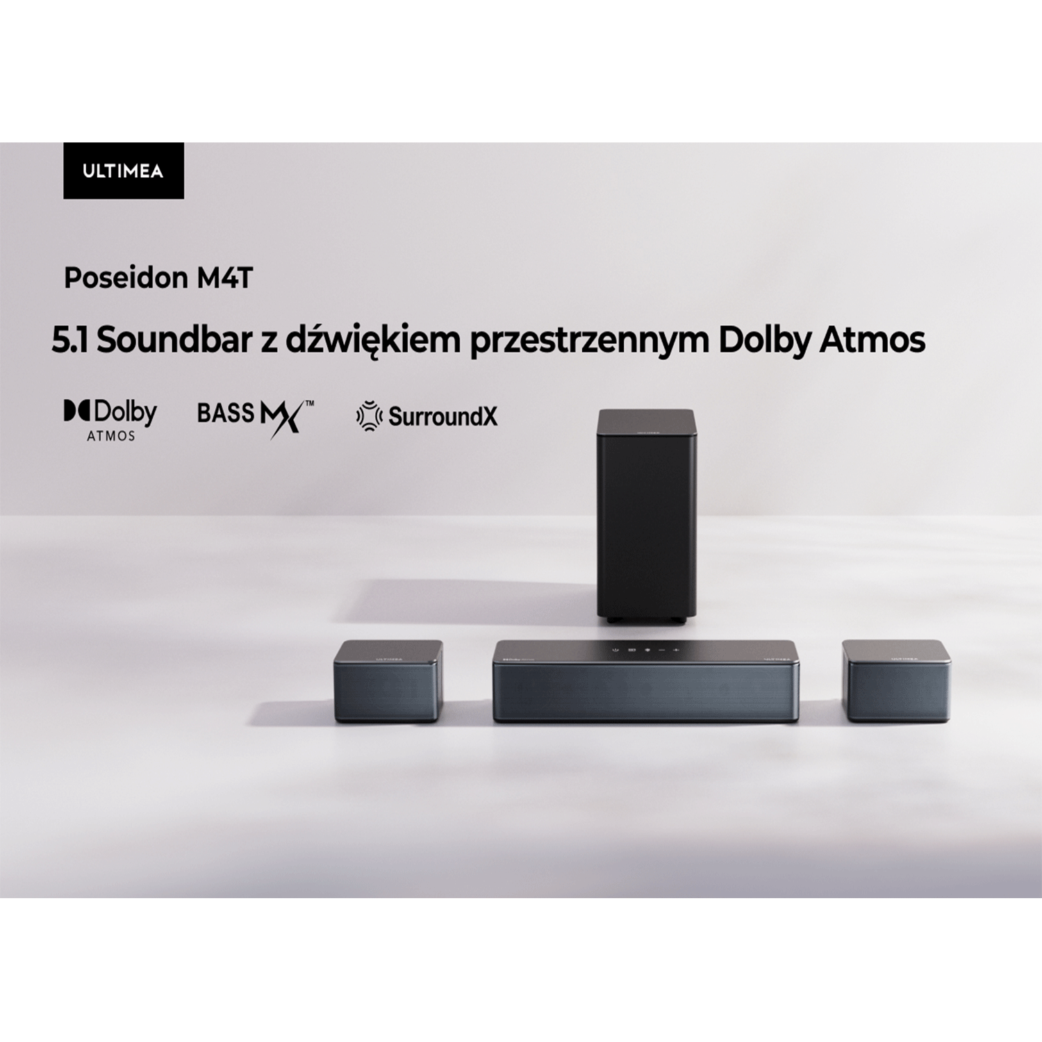 System soundbar z subwooferem i dwoma głośnikami satelitarnymi. Czarny kolor na białym tle.