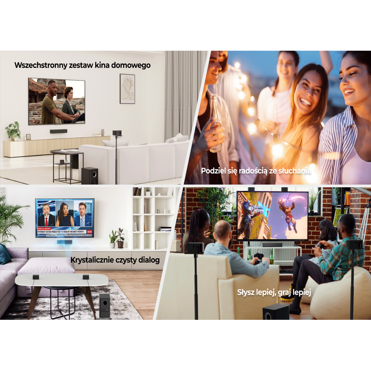 Kolaż zdjęć pokazujących ludzi wchodzących w interakcję z systemem kina domowego.