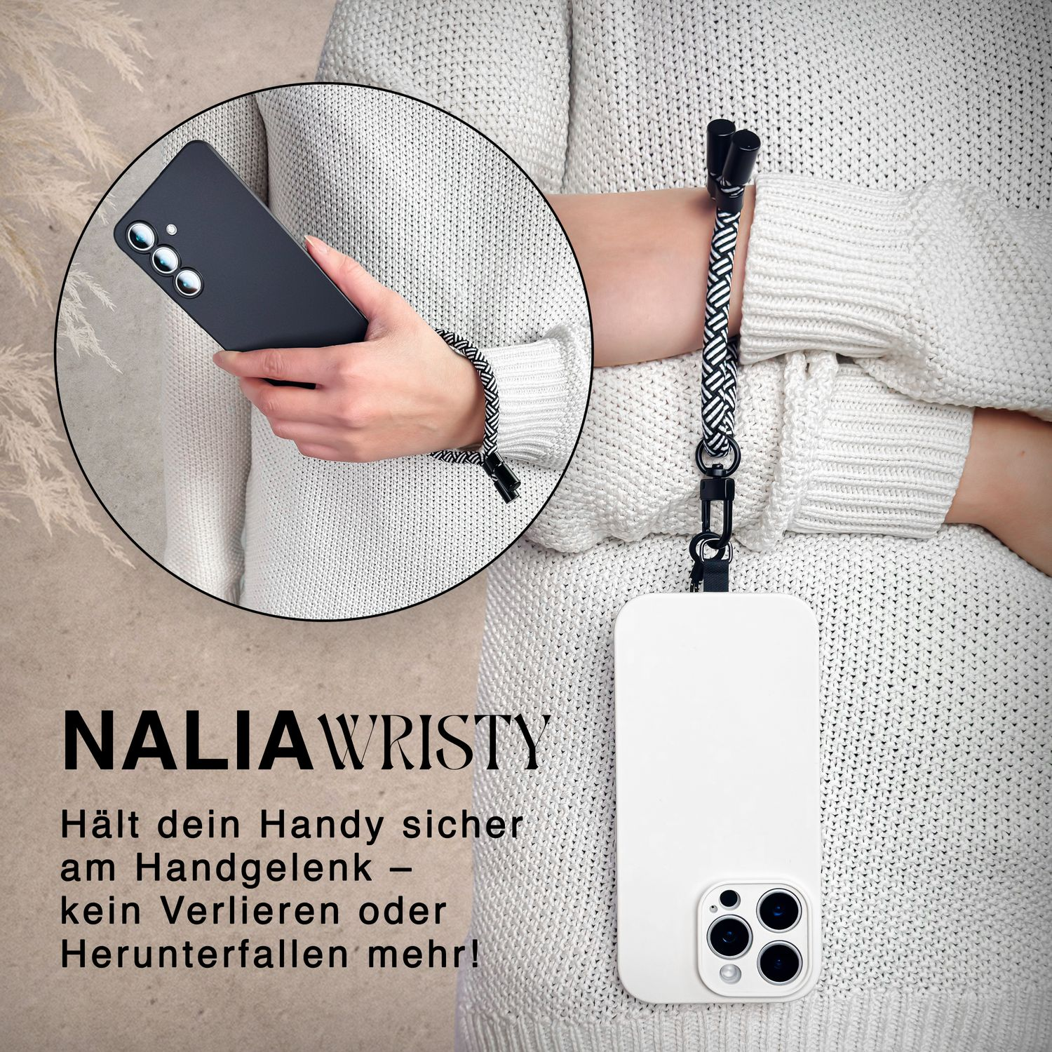 Eine Person, die ein schwarzes Telefon an einem Handgelenkriemen hält, mit einer weißen Handyhülle.