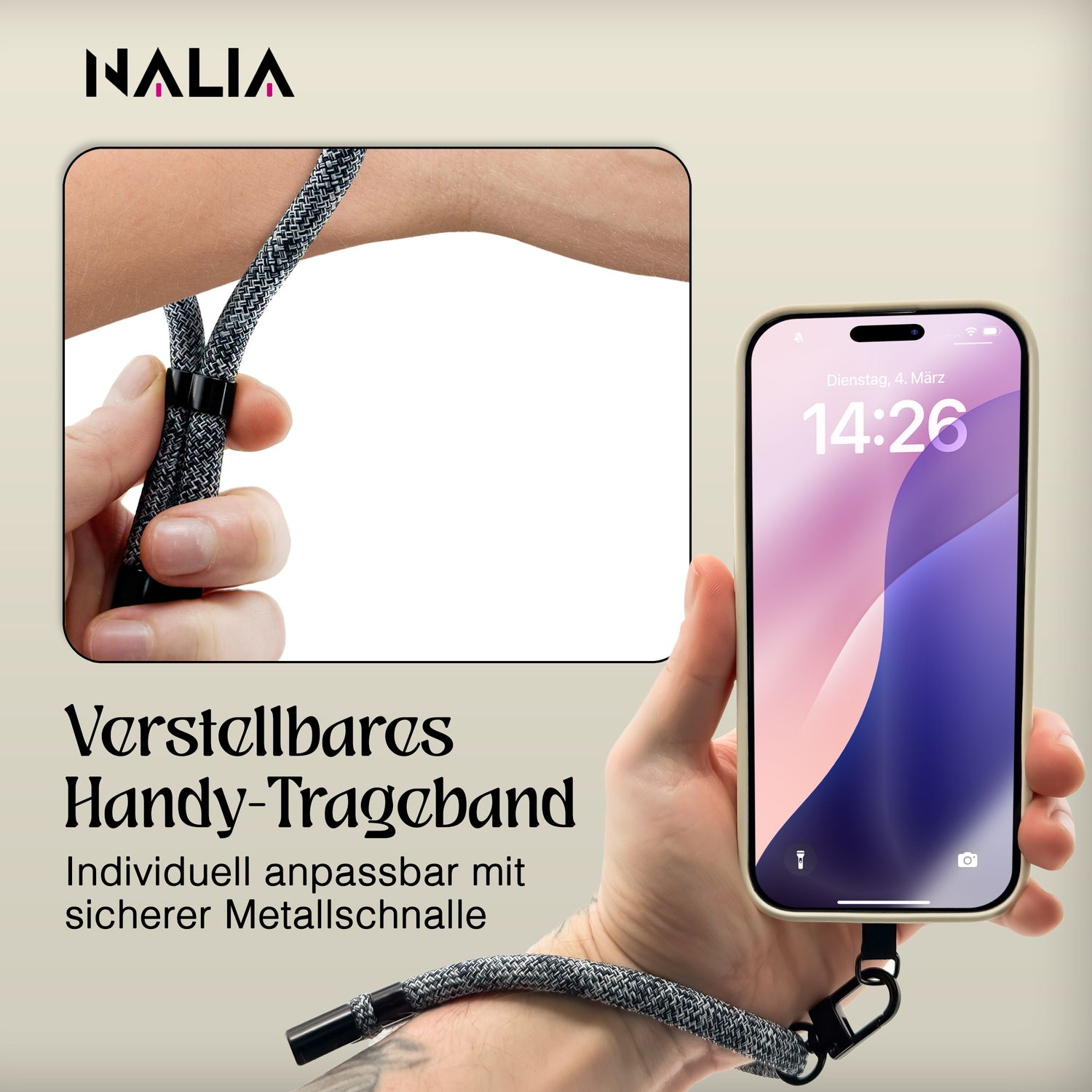 Hand hält Telefon mit Handschlaufe. Text: Verstellbare Handytasche, sichere Metallschnalle.
