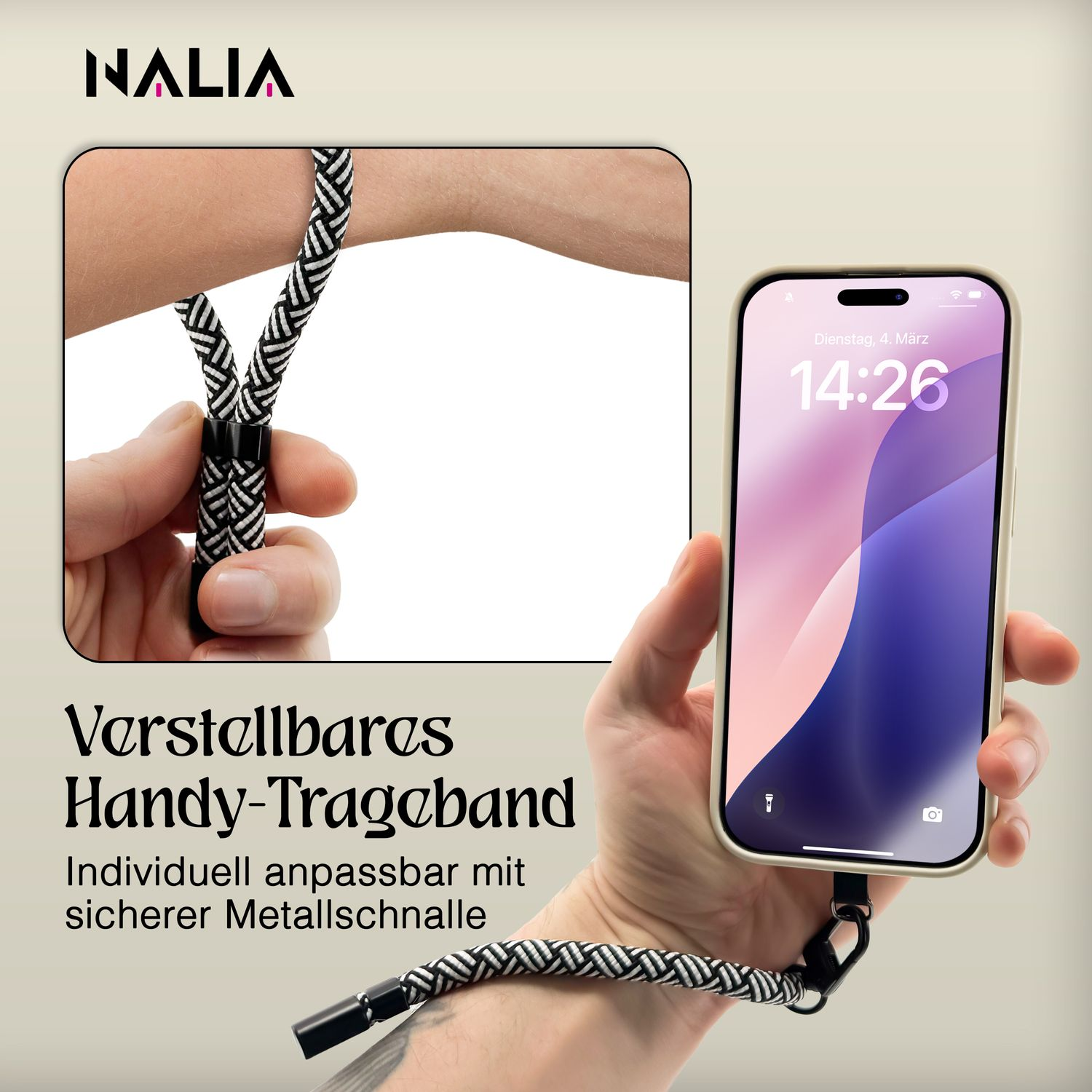 Hand hält ein Telefon mit weißer Hülle und einem schwarz-weißen Riemen.