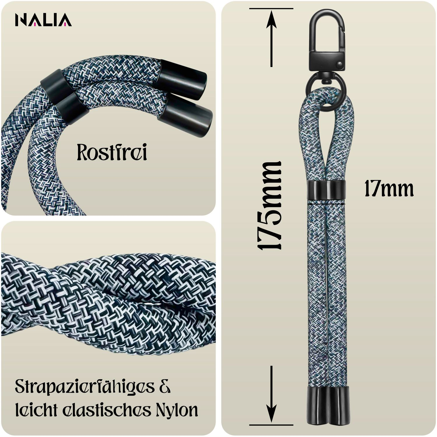 Nahaufnahme eines Telefonriemens mit Maßen, die das geflochtene Design und den Karabiner zeigen.