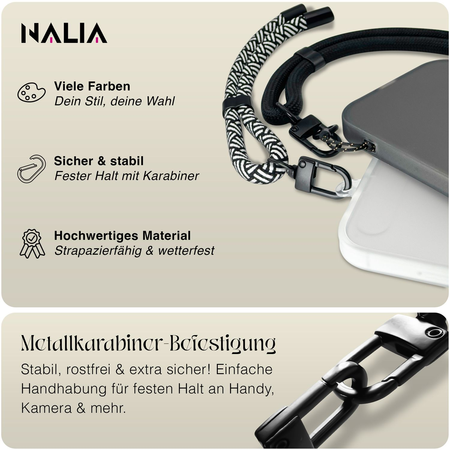 Handy-Schlaufen mit Karabiner. Text hebt Merkmale hervor.
