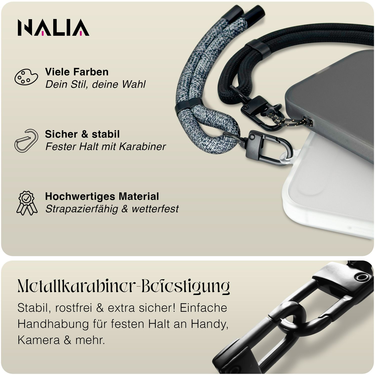 Nahaufnahme von Telefonriemen mit Funktionen. Schwarz-weiße Riemen, ein schwarzer Karabiner und ein Telefon.
