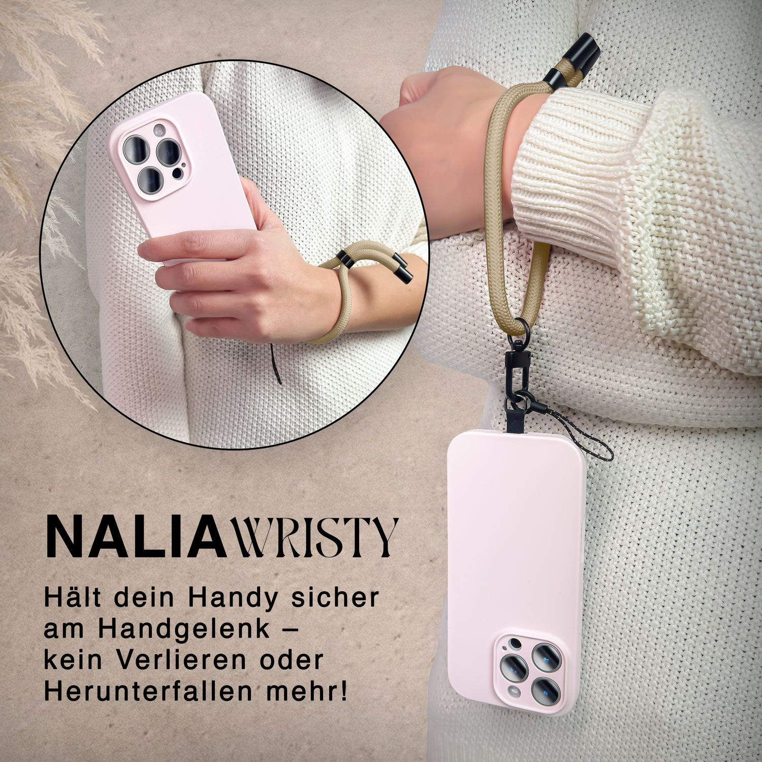 Eine Person, die einen Handgelenkgurt trägt und ein rosa Telefon hält.