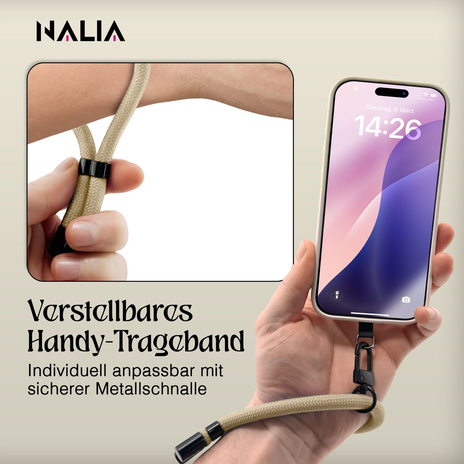 Hand hält Telefon mit Trageband. Text: verstellbares Handy-Trageband.