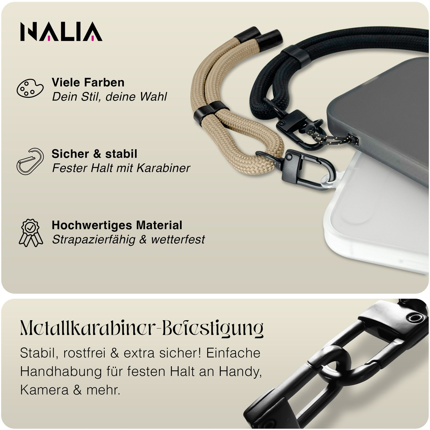 Handy-Schlaufen mit Karabiner. Text hebt Merkmale hervor.