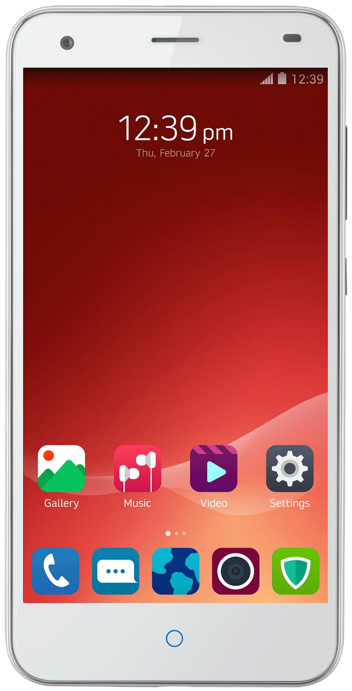 Weißes Telefon mit rotem Hintergrund und App-Symbolen. Der Bildschirm zeigt 12:39.