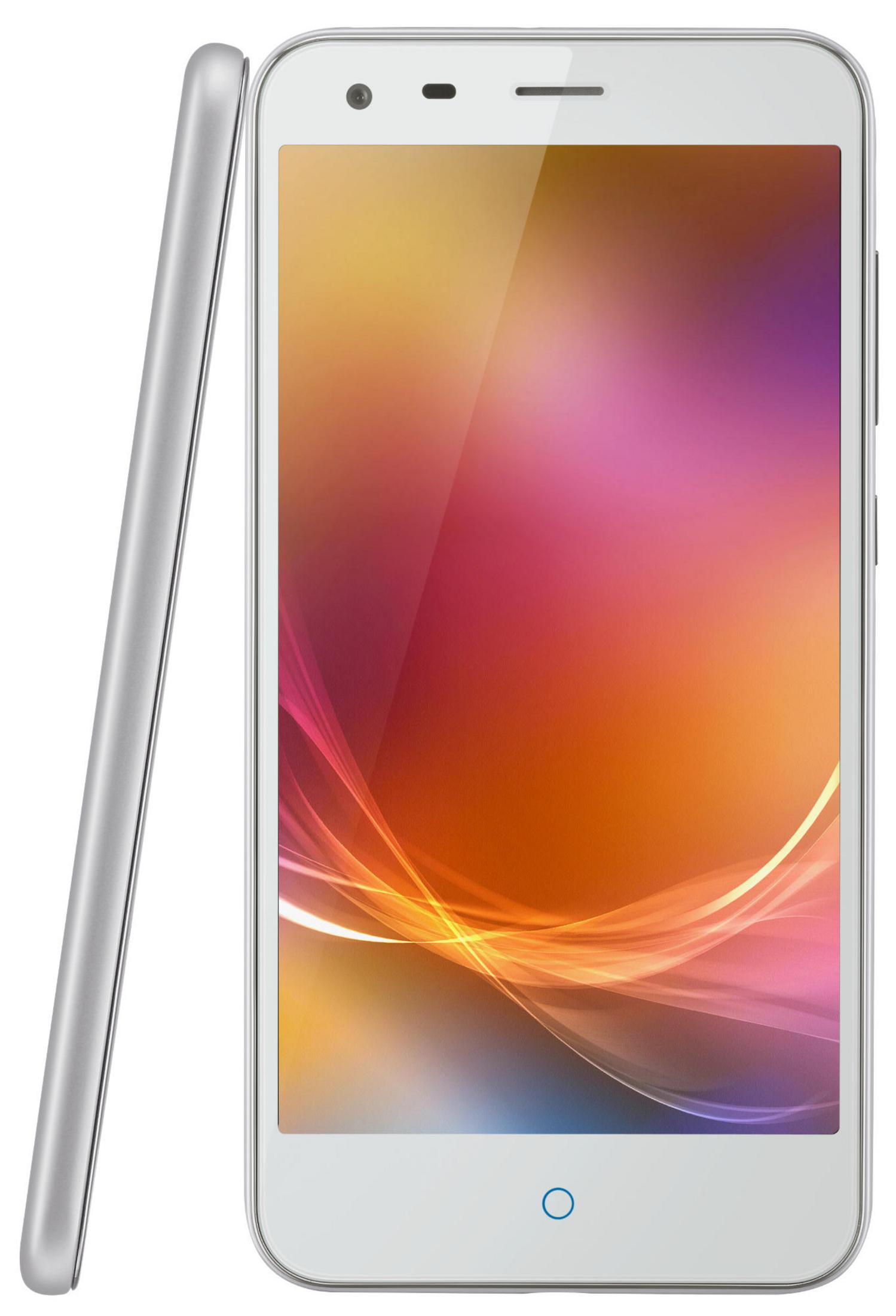 Weißes Smartphone mit hellem Display. Der Bildschirm zeigt farbenfrohe Linien und eine Seitenansicht ist ebenfalls verfügbar.