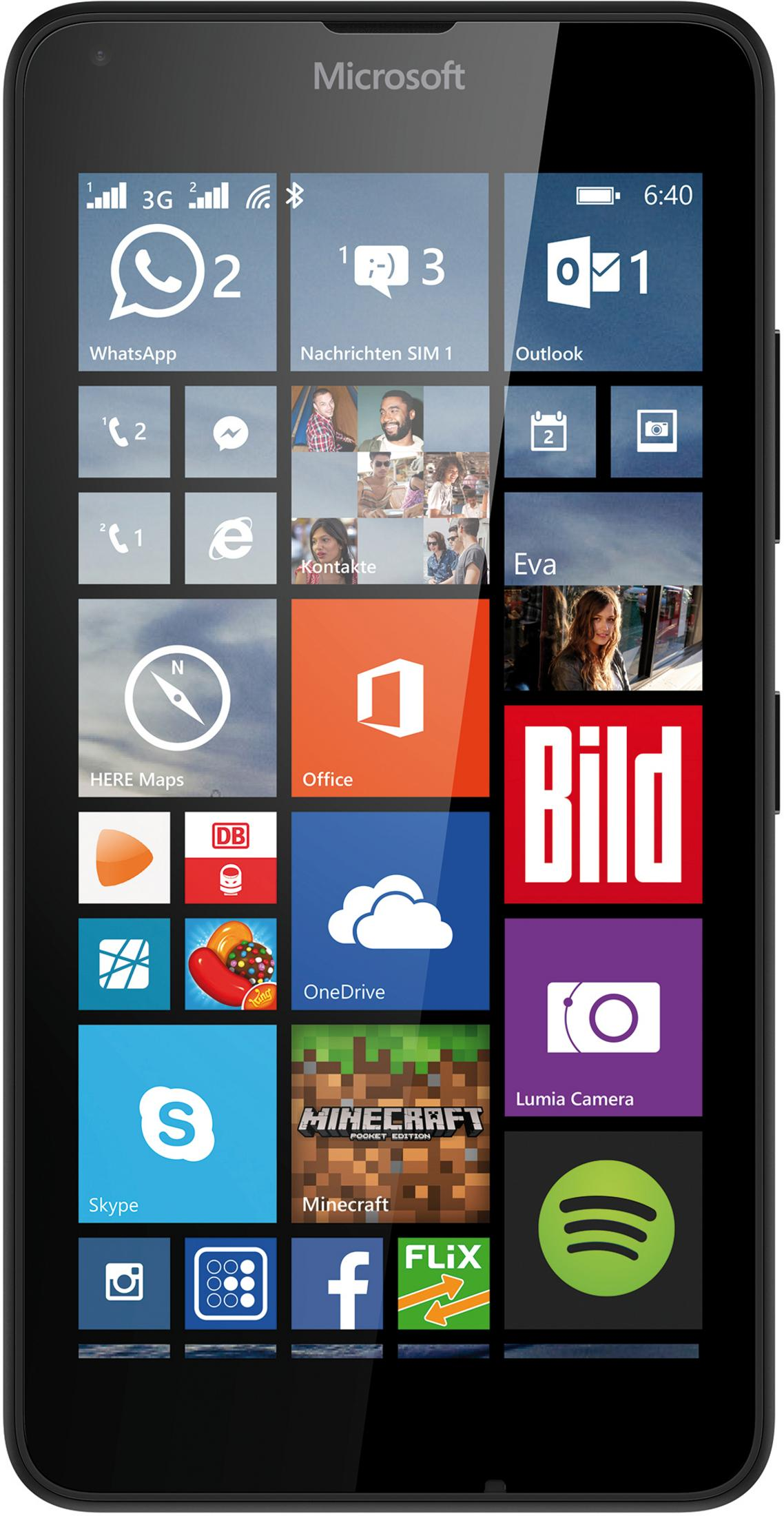 Czarny telefon Microsoft z kafelkami aplikacji, w tym WhatsApp, Outlook i Skype.