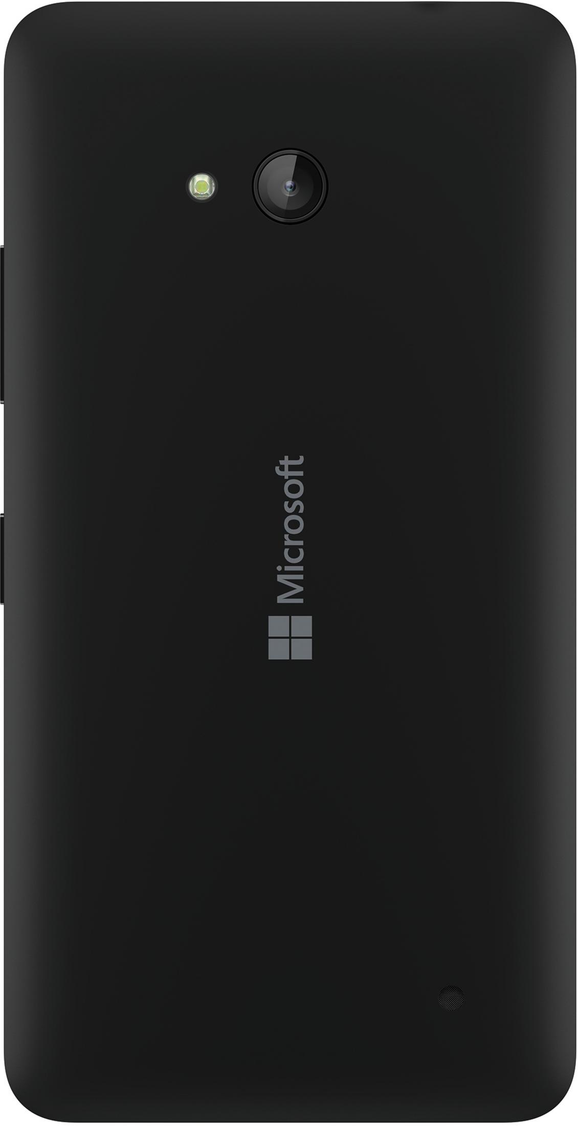 Czarny telefon Microsoft, widok z tyłu. Widoczne logo Microsoft i aparat.