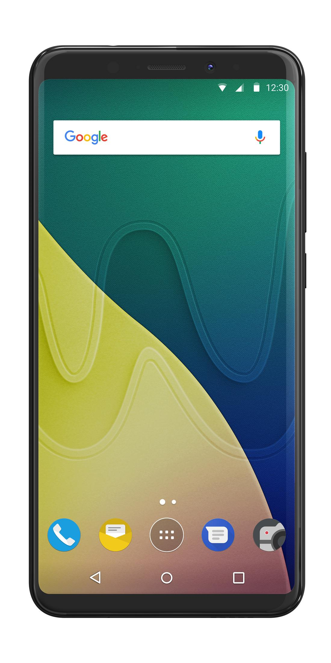 Telefono con gradiente verde, giallo e blu. Lo schermo mostra la ricerca Google e le icone delle app.