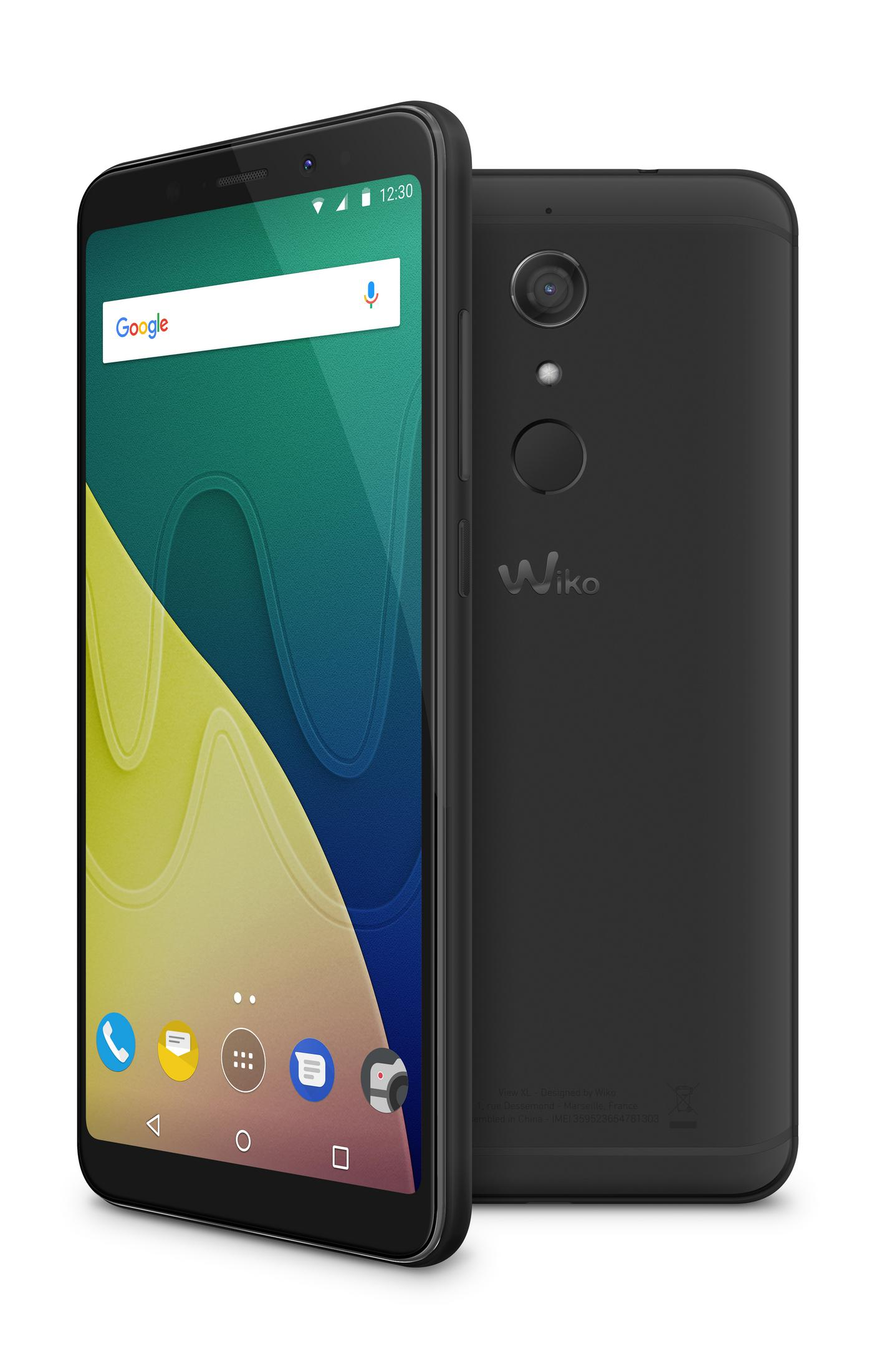 Telefono Wiko nero con sfondo verde e giallo. Il telefono è mostrato da due angolazioni.