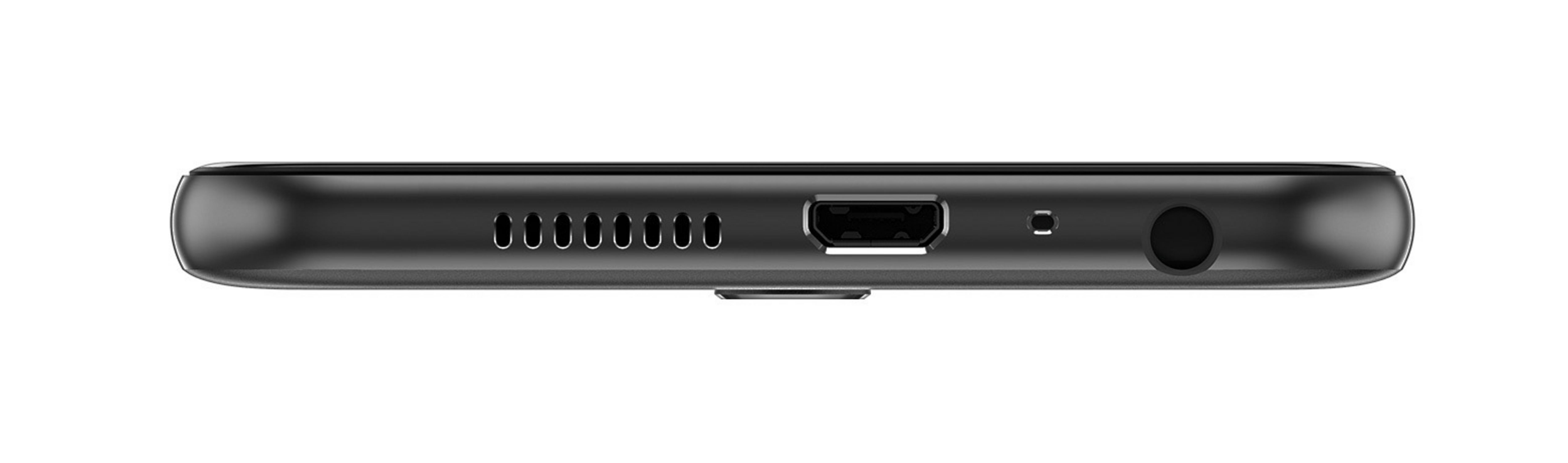 Unterkante eines schwarzen Smartphones, mit Lautsprechern, USB-Anschluss und Kopfhöreranschluss.