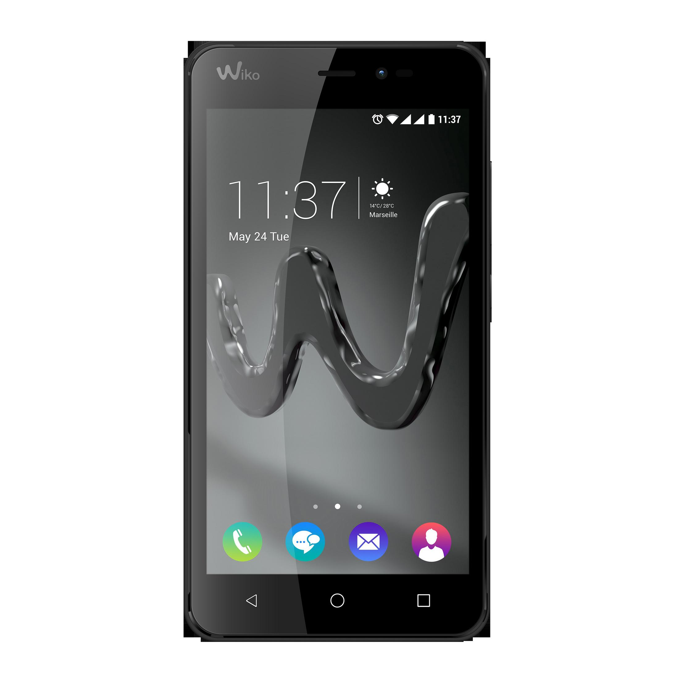 Schwarzes Smartphone mit Wiko-Logo auf dem Bildschirm. Zeigt Uhrzeit, Datum und App-Symbole. Schwarzer Rahmen.