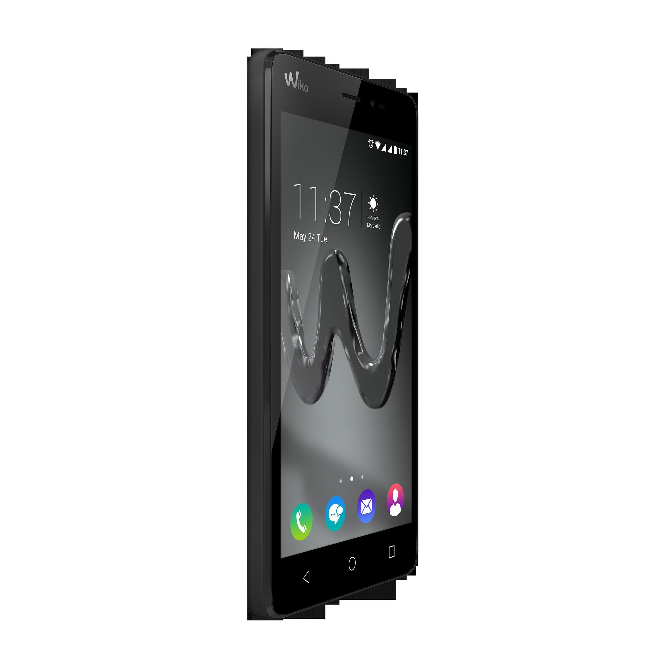 Schwarzes Smartphone mit Wiko-Logo. Zeigt Uhrzeit und Datum. Schwarzer Rahmen. Angewinkelte Ansicht.