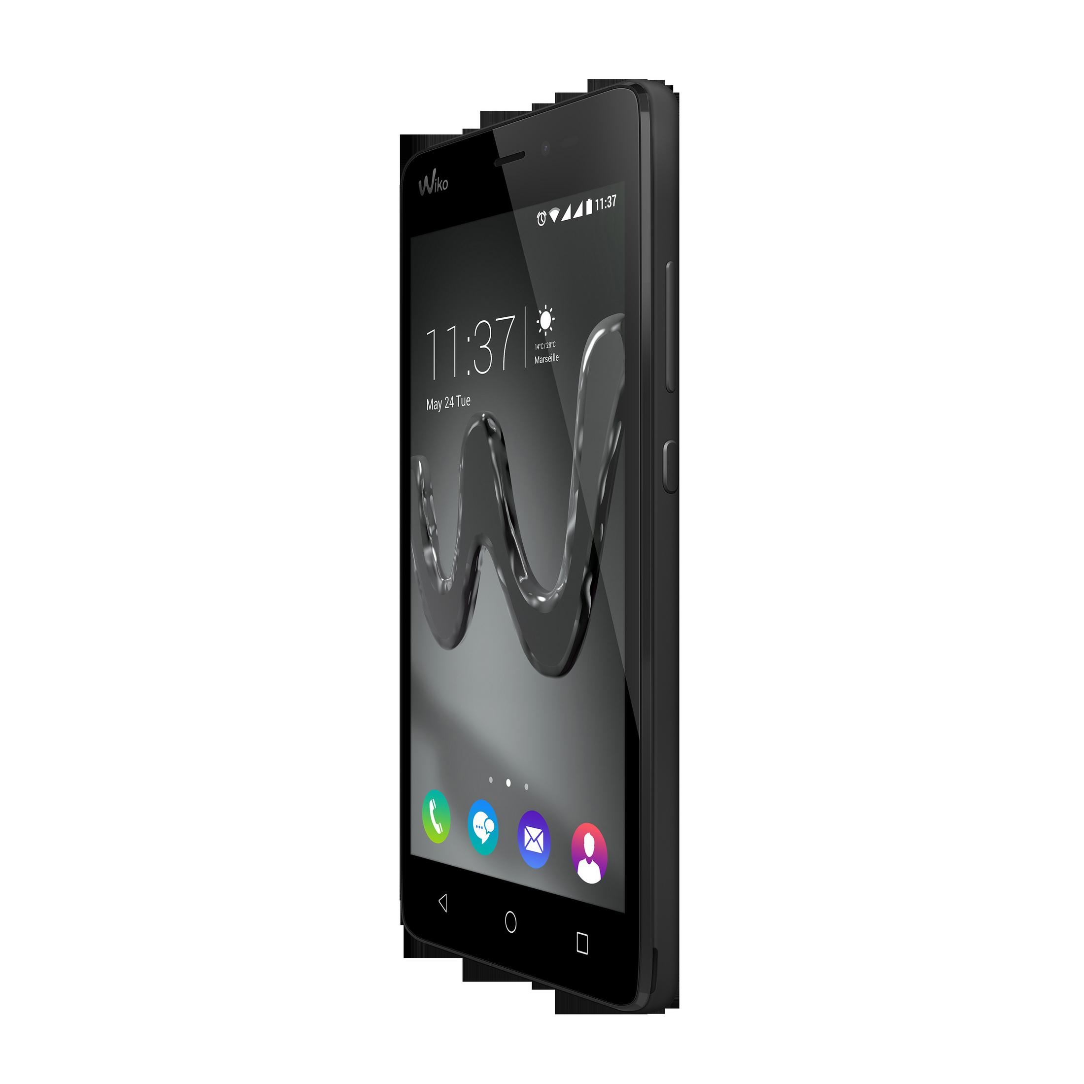 Schwarzes Smartphone, abgewinkelt, mit Wiko-Logo und Bildschirm mit Zeit und App-Symbolen.