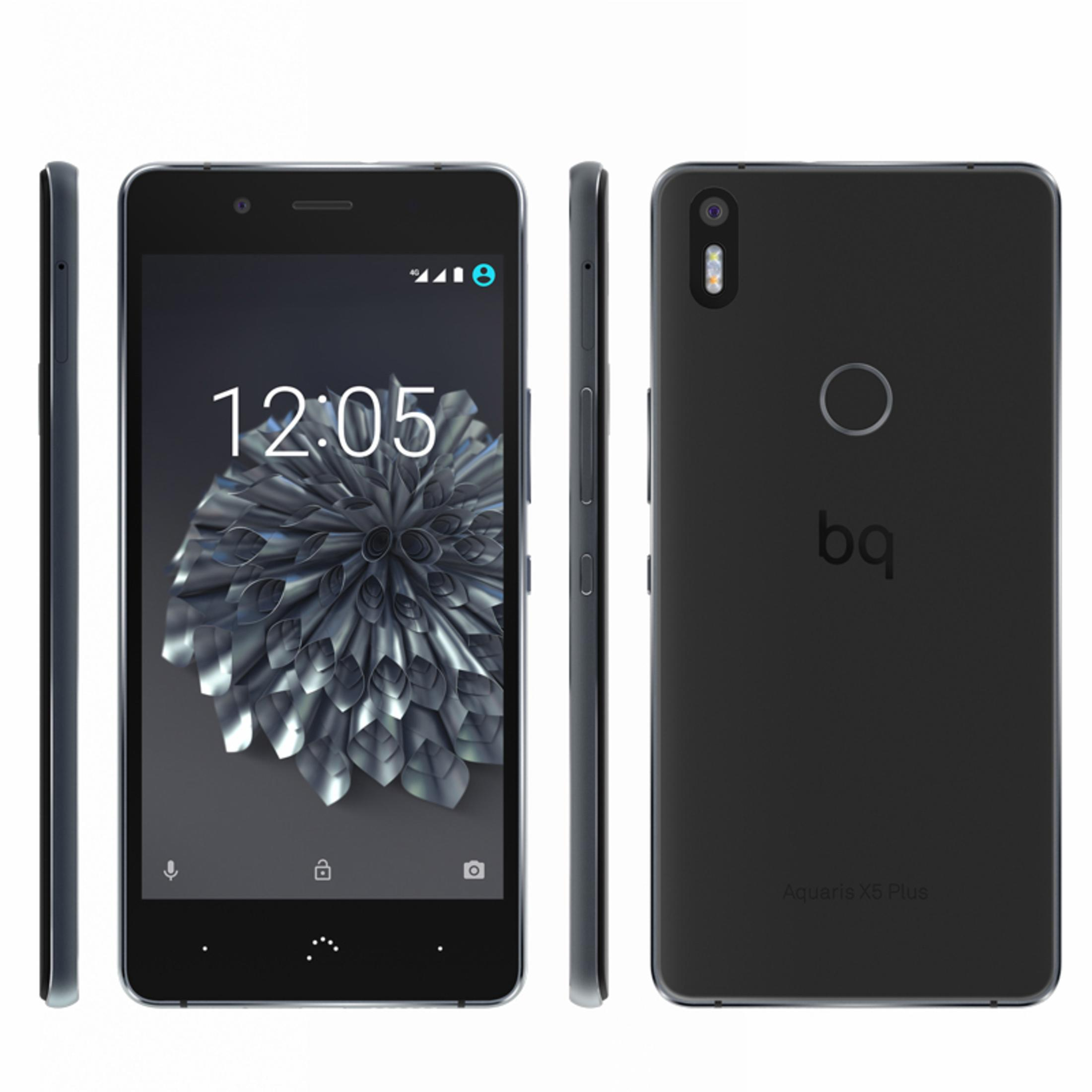 Ein schwarzes Smartphone mit drei sichtbaren Seiten, die den Bildschirm, die Rückseite und ein Seitenprofil zeigen.