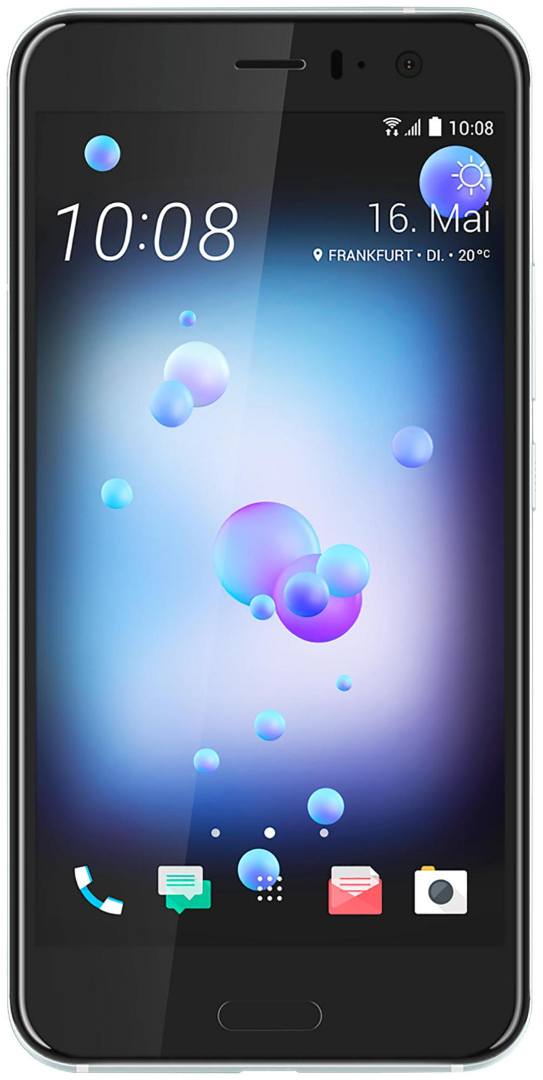 Ein schwarzes HTC-Telefon mit einem Bildschirm, der Blasen und Symbole anzeigt.