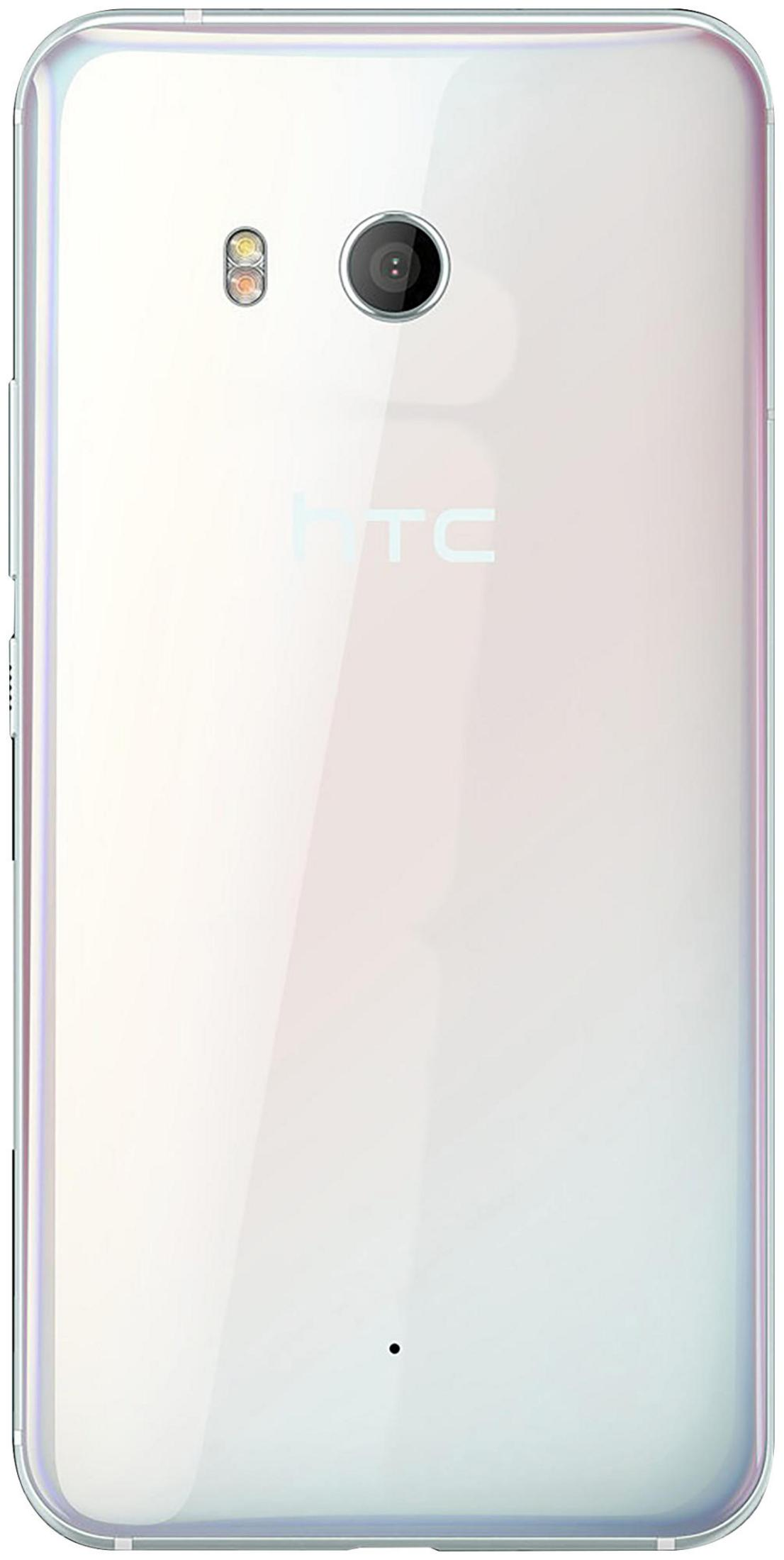 Rückansicht eines weißen HTC-Telefons mit Kamera und HTC-Logo.