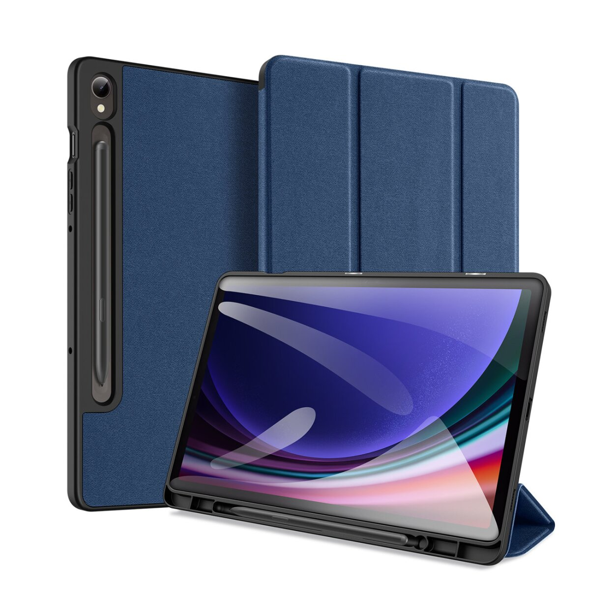 Custodia per tablet blu con cornice nera. Uno stilo è collegato. Lo schermo mostra uno sfondo colorato. La custodia è aperta.