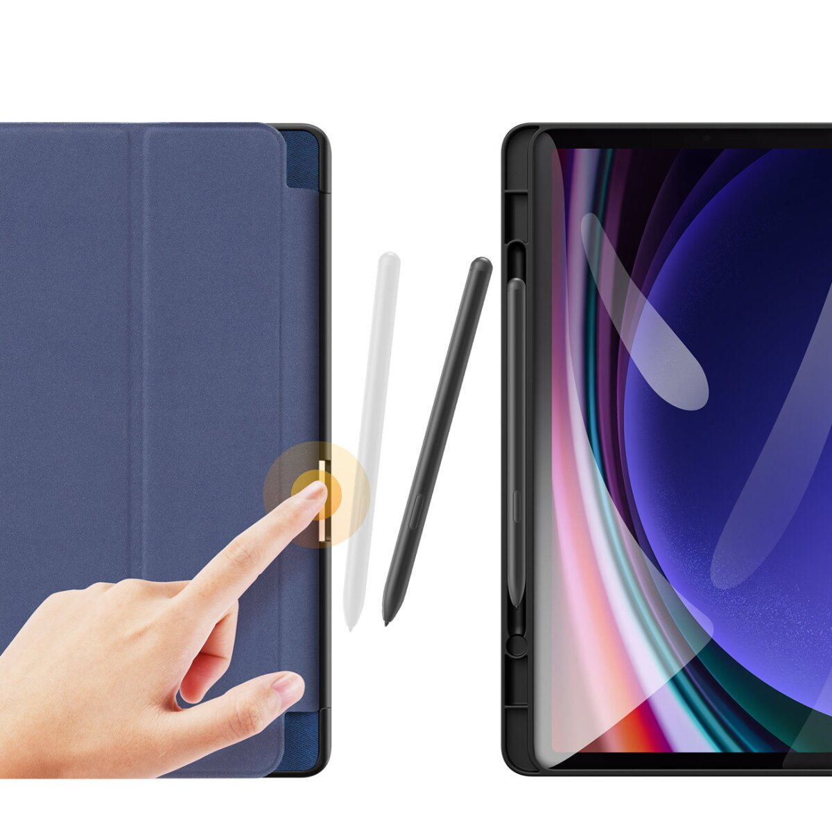 Tablet e custodia con stilo. Mano che tocca lo stilo e la custodia. Sfondo bianco.