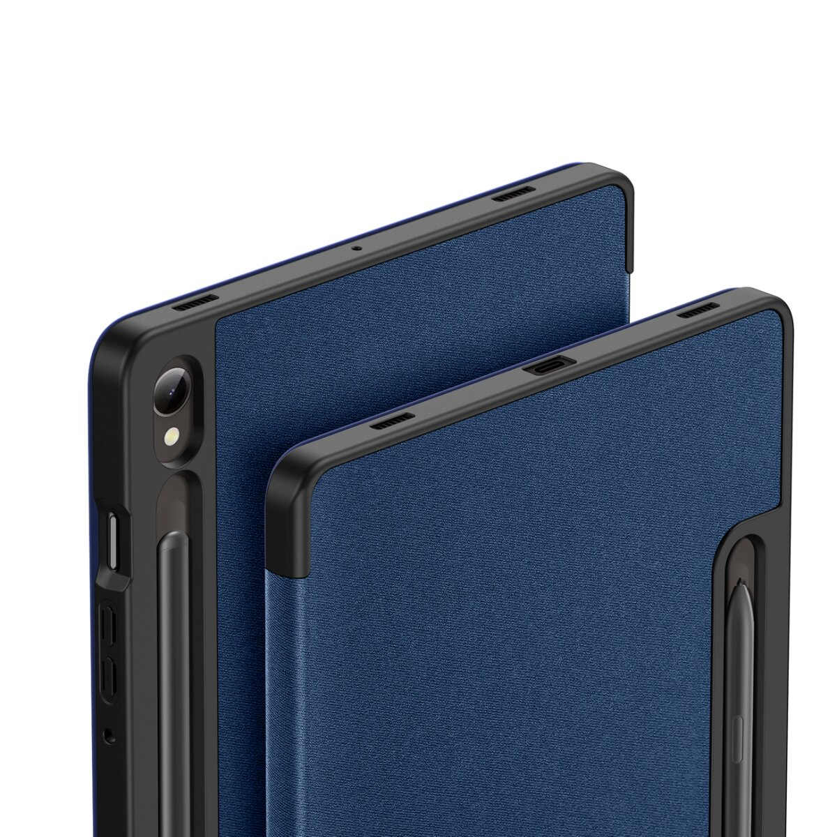 Primo piano di due custodie blu per tablet con telai neri. Una custodia ha uno stilo collegato. Le custodie sono leggermente angolate.