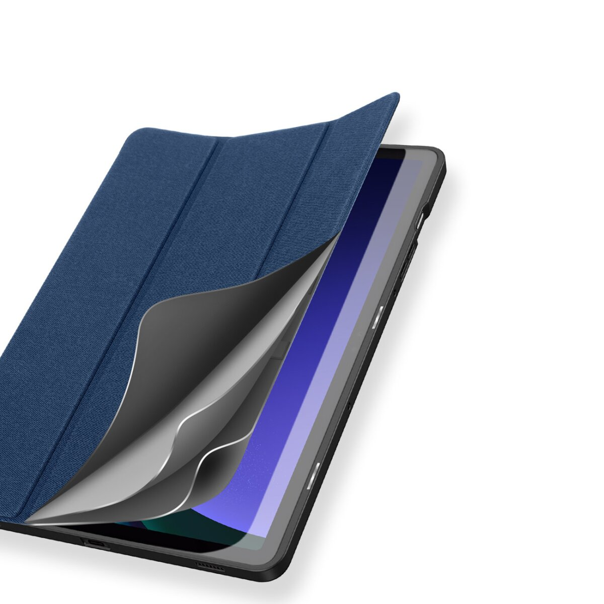 Custodia per tablet, copertina blu con strati di materiale rivelati. Sfondo bianco.