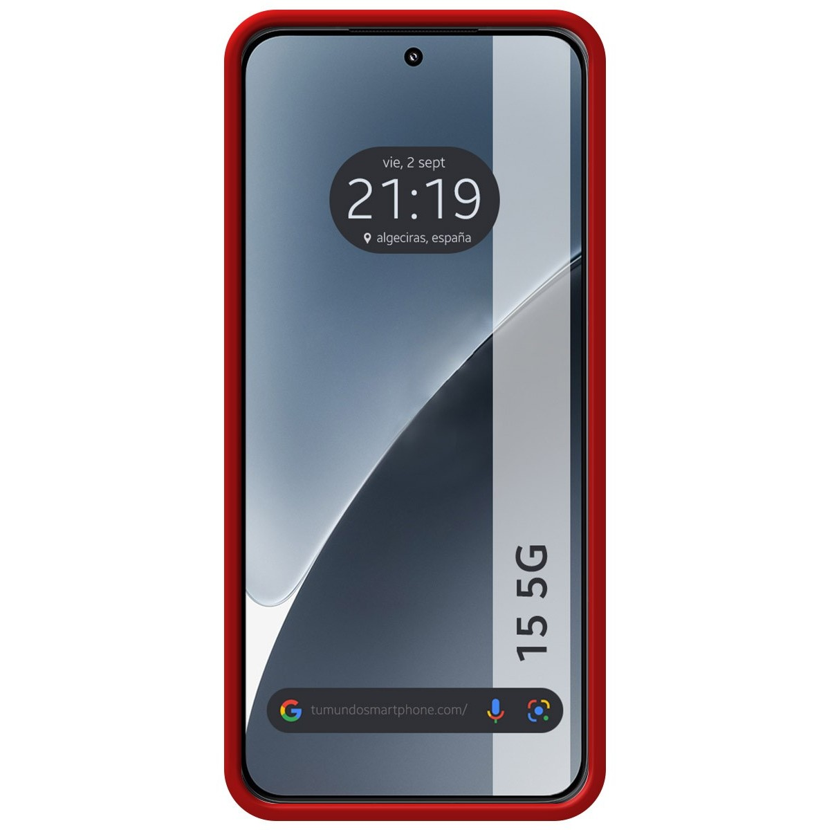 Telefono rosso con cornice rossa. Lo schermo mostra l'ora e il modello.