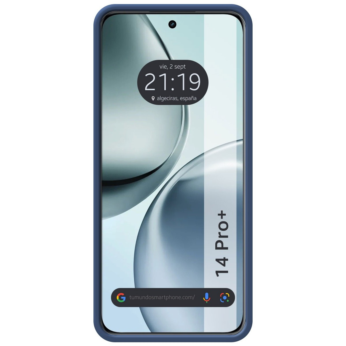 Telefono: blu, lo schermo mostra l'ora e la data.