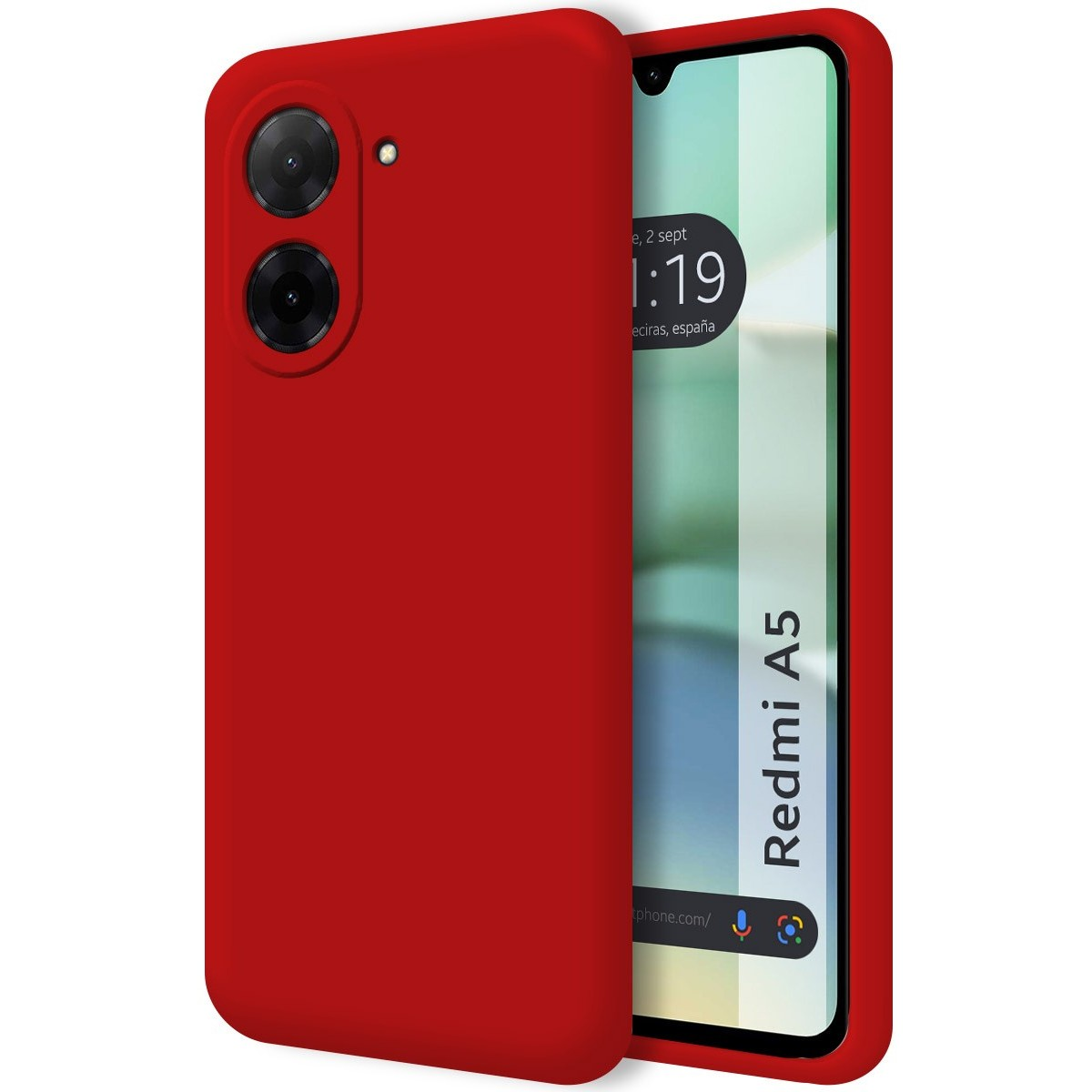Custodia rossa e telefono con schermo. La custodia ha fori per fotocamera. Il telefono mostra l'ora.
