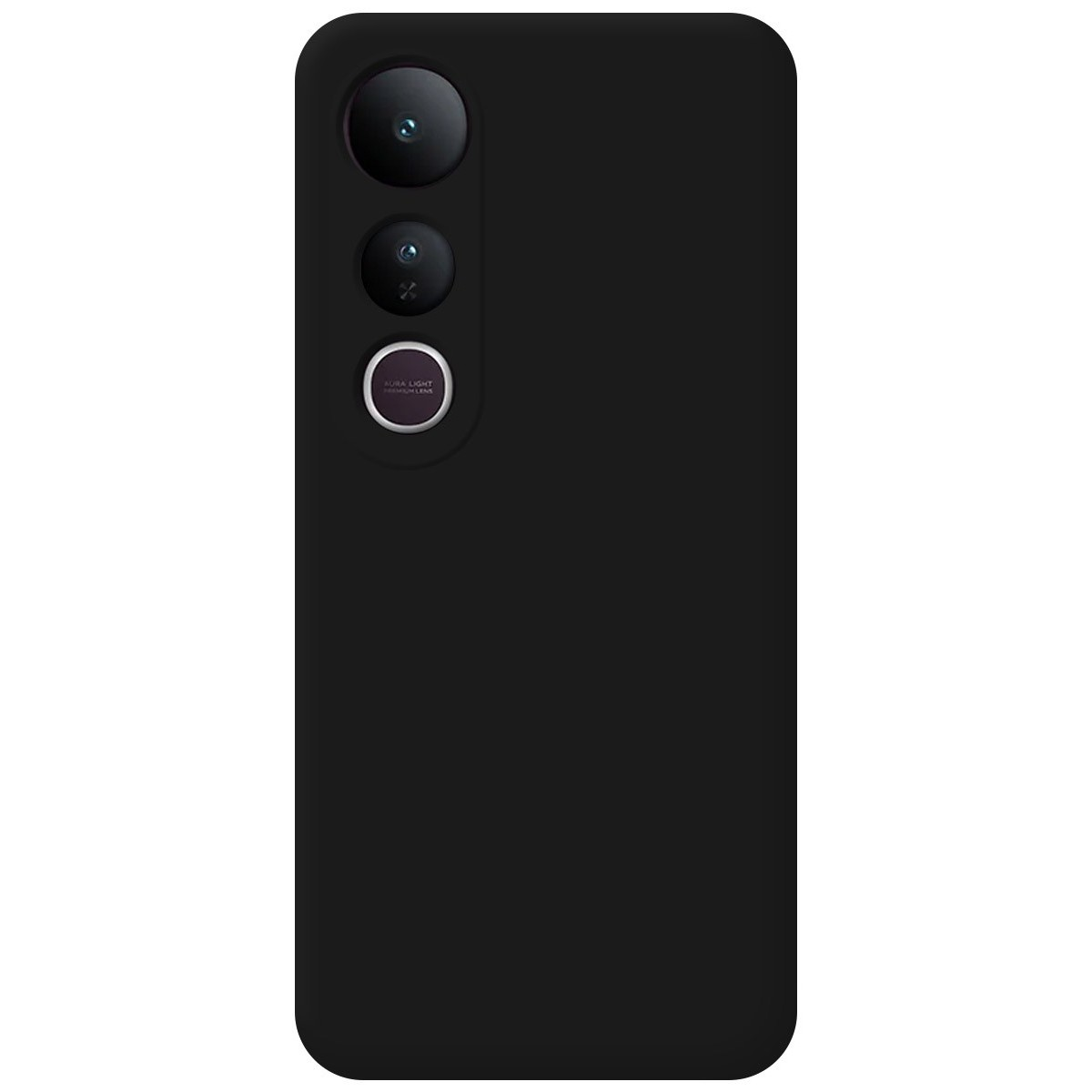 Custodia nera con fori per fotocamera. Il retro ha l'alloggiamento della fotocamera e il logo 'Aura Light'.